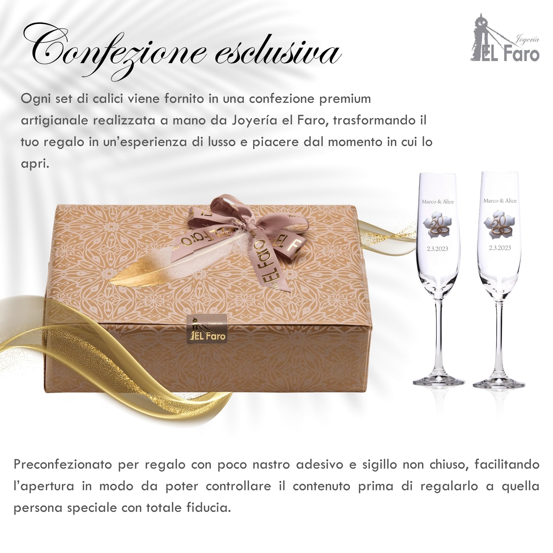 JOYERIA EL FARO - Calici da Champagne Personalizzati per Nozze d'Oro – Set di 2 Calici con Piastra Dorata a Forma di Foglia – Cofanetto Premium di Gioielleria – Regalo per il 50° Anniversario di