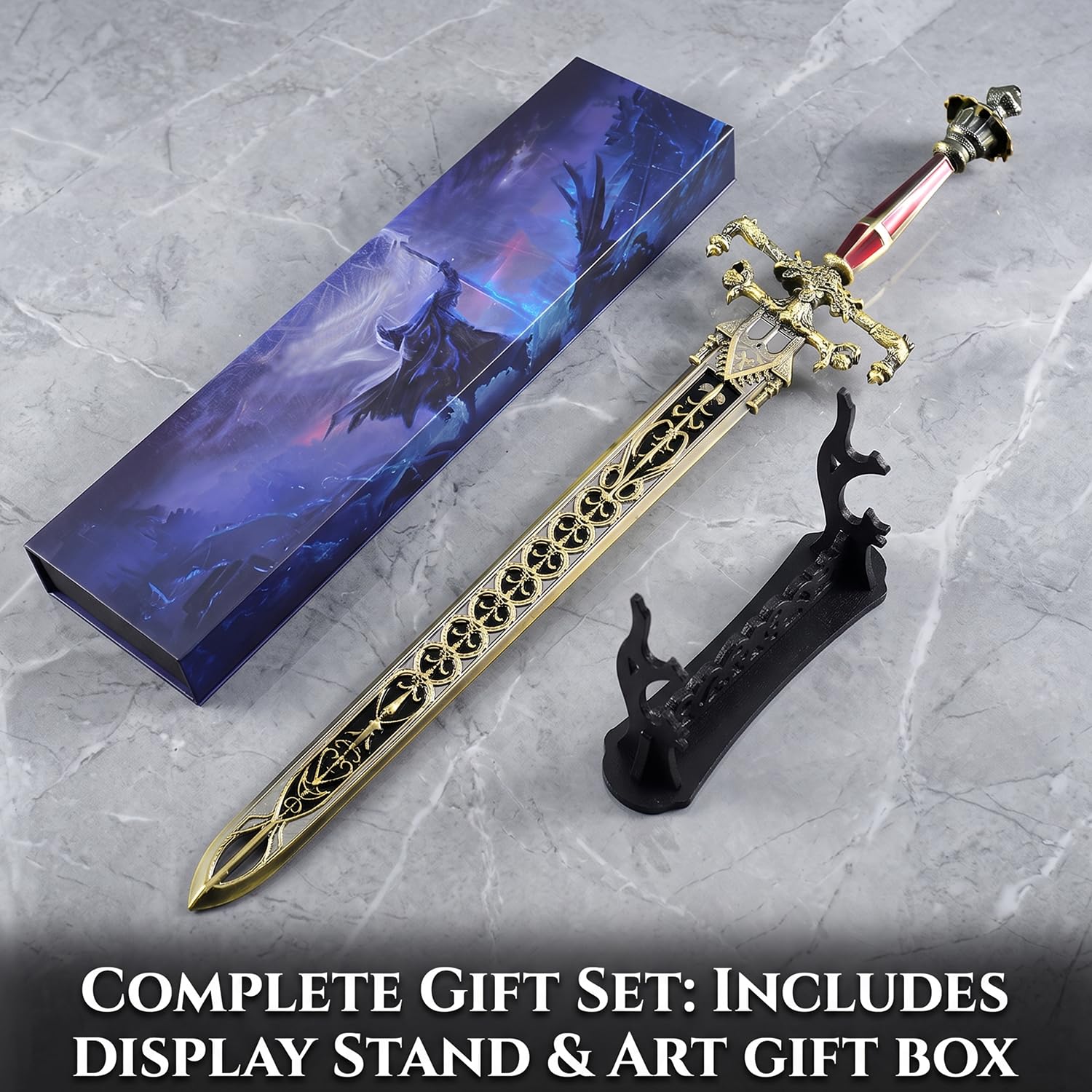 Réplica de la Espada de Noche y Llama, figura RPG de metal con soporte | Aleación de zinc maciza, hoja calada ornamentada, incluye soporte y caja de regalo, modelo decorativo sin filo