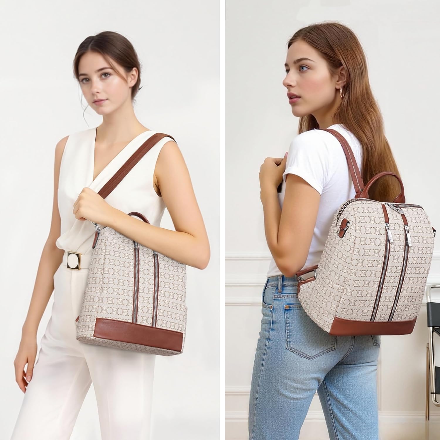 Backpack Purse for Women Vegan Leather Travel Backpack with Wristlet, Designer Convertible Shoulder Bag Satchel Handbag, Lightweight Fashion Backpack with Wide Strap, Beige/Brown - Image 6