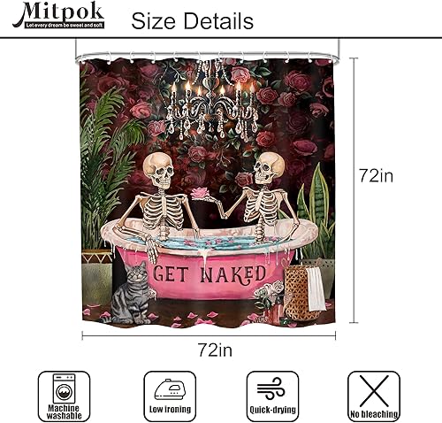 Miniatura 4 de Juego de 4 cortinas de ducha de esqueleto gótico de calavera de 72 pulgadas de ancho x 72 pulgadas de alto, juego de baño de Halloween, tapete de