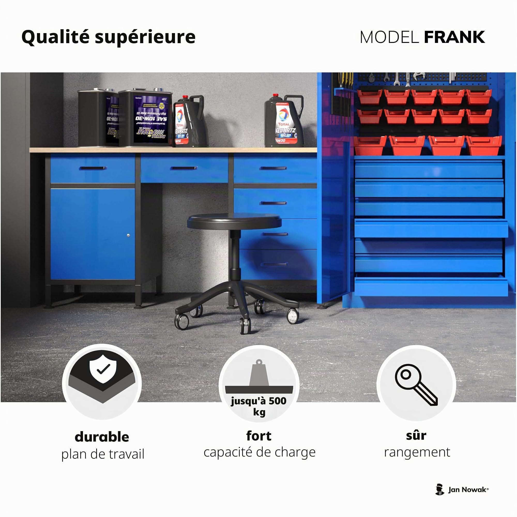 Jan Nowak Etabli Atelier Garage avec Plan de Travail 6 Tiroirs Compartiment Verrouillable Pieds réglables Métal Capacité de Charge jusqu'à 500 kg 170 cm x 60 cm x 85 cm (Black)