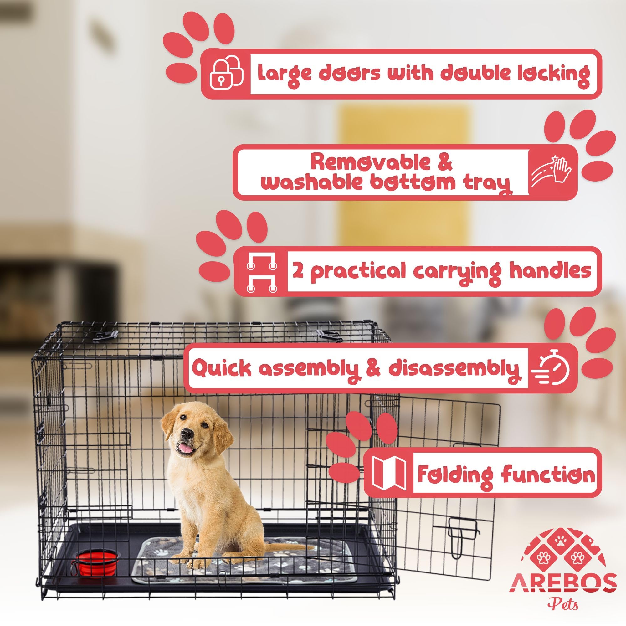Arebos Jaula para Perros 92,5 x 60 x 66 cm | Jaula de Transporte para Perros Plegable para Coche | Jaula de Transporte para Perros con 2 Puertas | Jaula para Perros para el hogar | L Negro