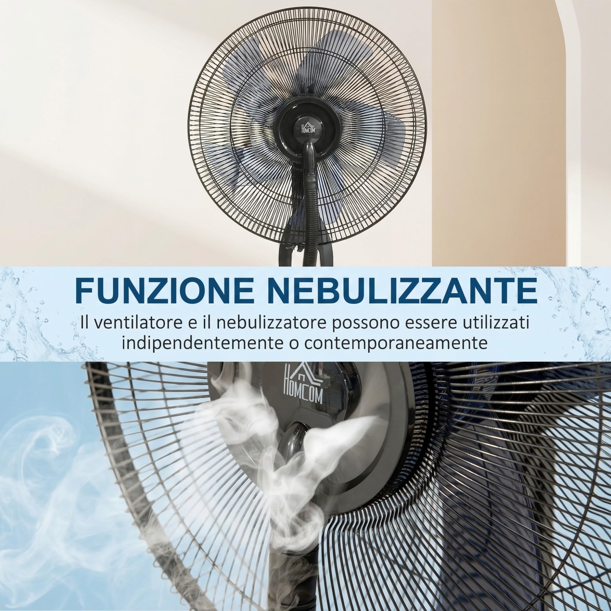 HOMCOM Ventilatore Nebulizzatore 90W con 4 Velocità e Serbatoio 2.8L, Ventilatore a Piantana con 4 Ruote, Metallo PE ABS, 44.5x44.5x120 cm, Argento e Nero