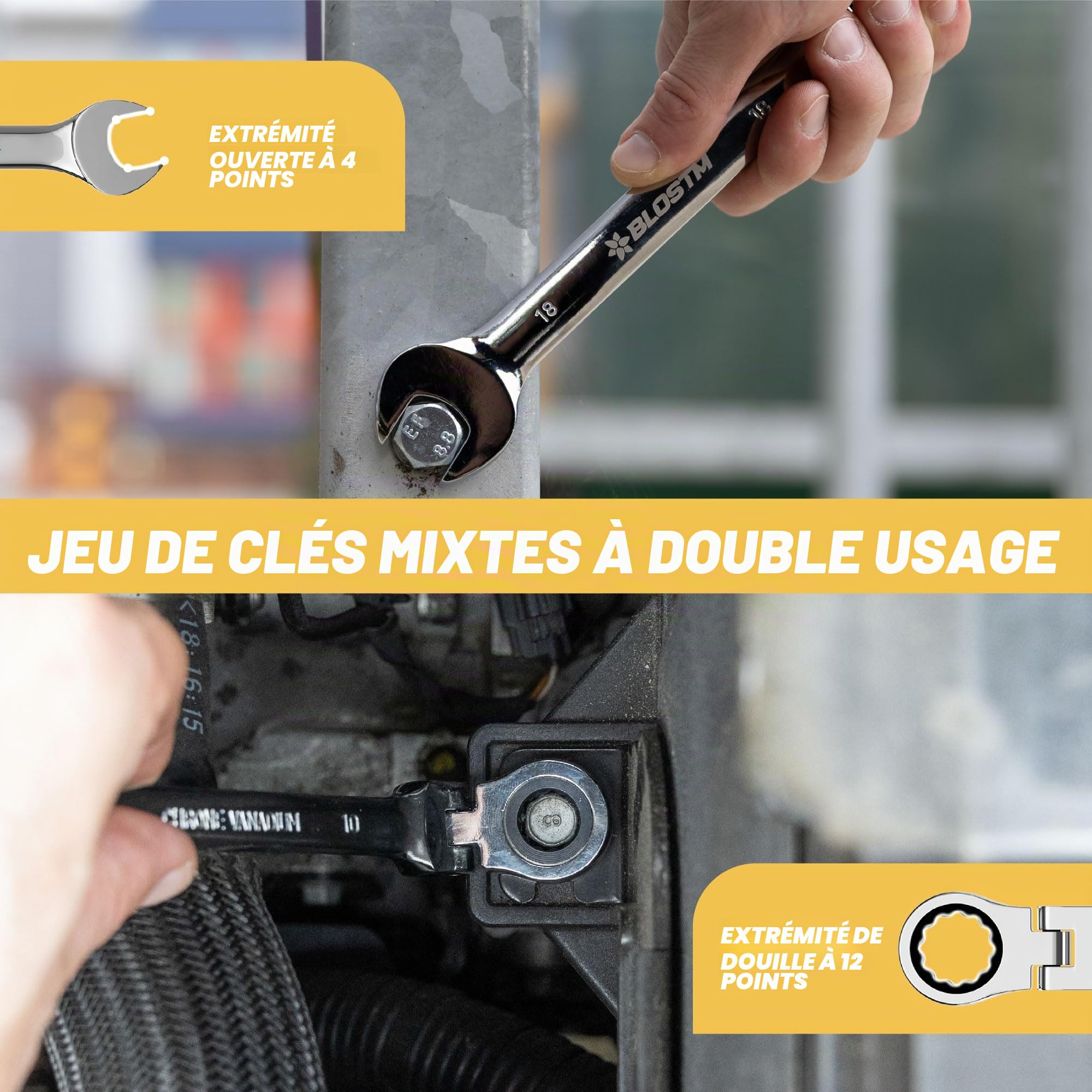 BLOSTM Jeu de clés à cliquet flexibles 8-19 mm | Tête flexible à 180°, pour bricolage et réparation - Avec pochette de rangement rétractable