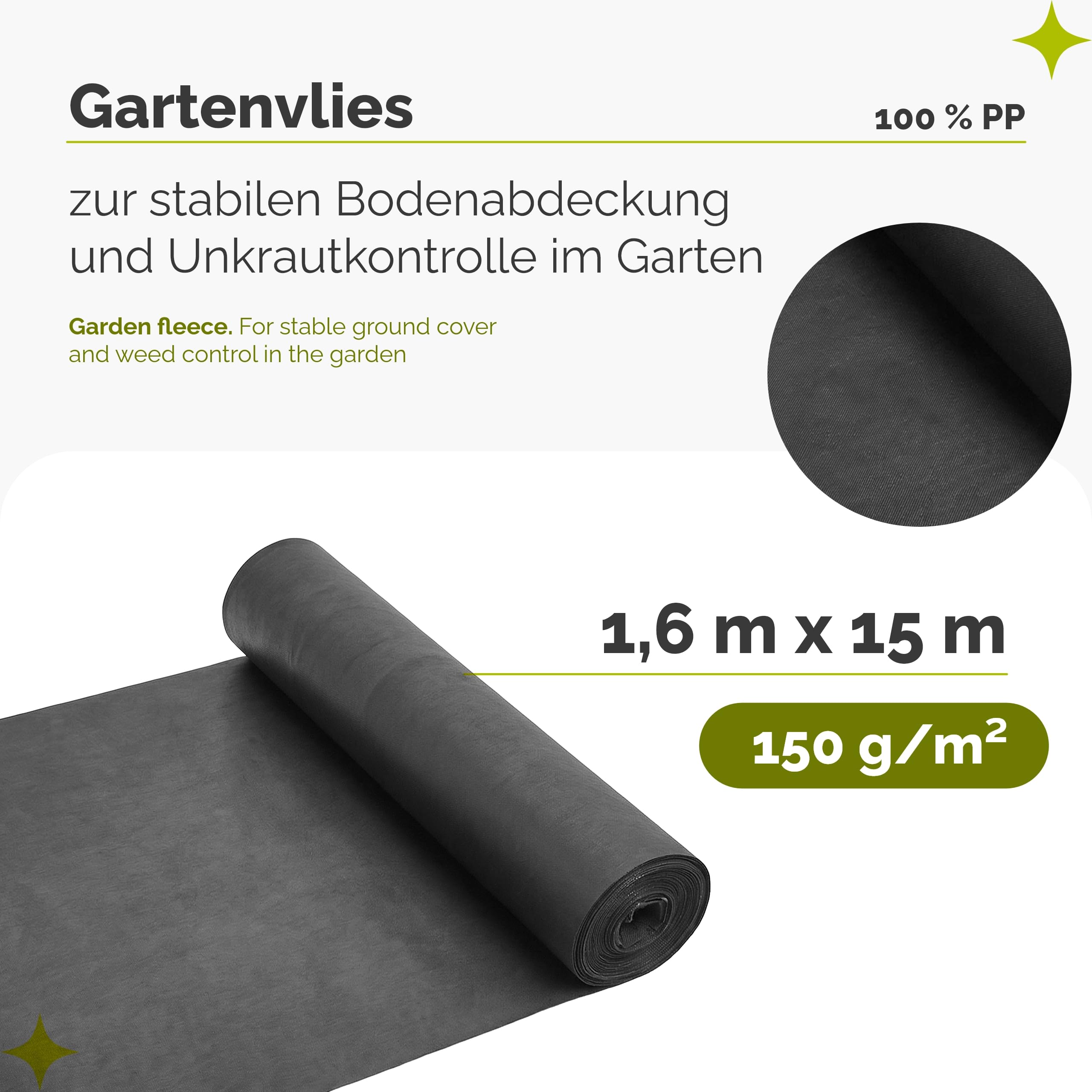 Garronda 1,6x15m Unkrautvlies 150g/m² Gartenvlies wasserdurchlässig GD-0177 | Schwarz und reißfest, als Bodenvlies zur Unkrautkontrolle und Bodenabdeckung für Beete, Wege, Untergrund und Garten
