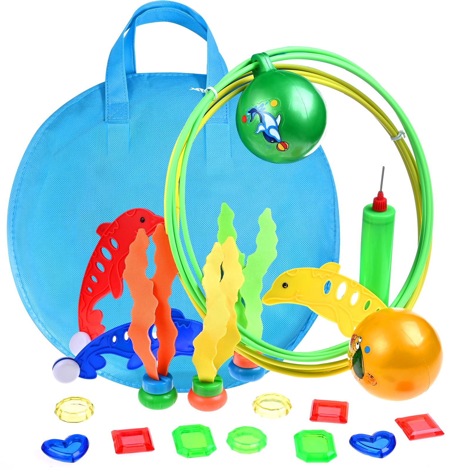 Faburo 20Stk Tauchring Kinder Tauchring Unterwasser Swimmring Tauchspielzeug Pool Spielzeug Set mit Tauchringe Edelsteine Aufbewahrungstasche für Kinder Junge Mädchen