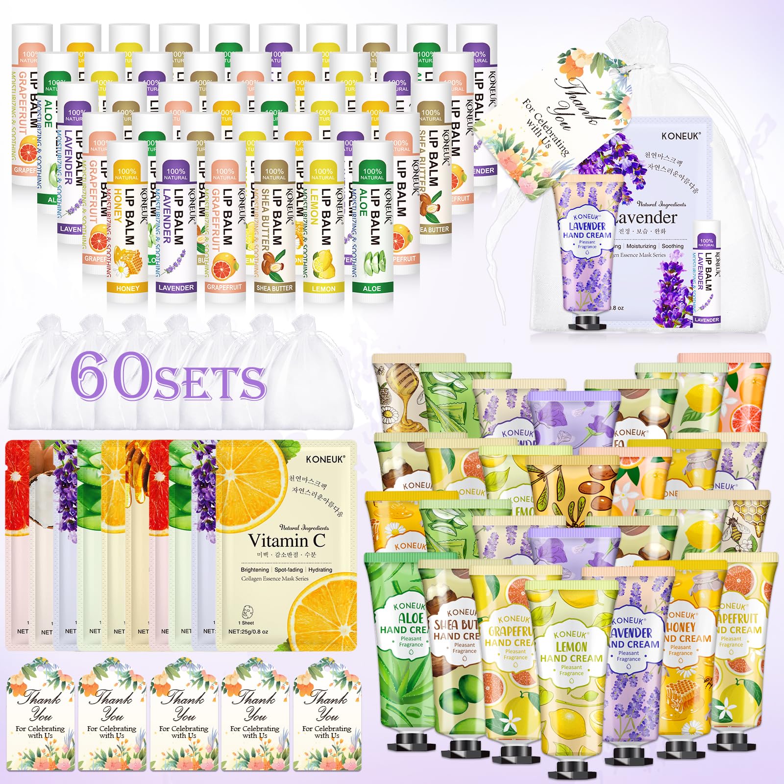 Photo 1 of KONEUK 60 Pack Bulk Lip Balm, Facial Mask and Hand Cream Sets, Mothers Day Gifts and Bridesmaid Gifts for Guests, Birthday Gifts, Teacher Appreciation Gifts, Nurse Gifts and Bulk Small Gifts