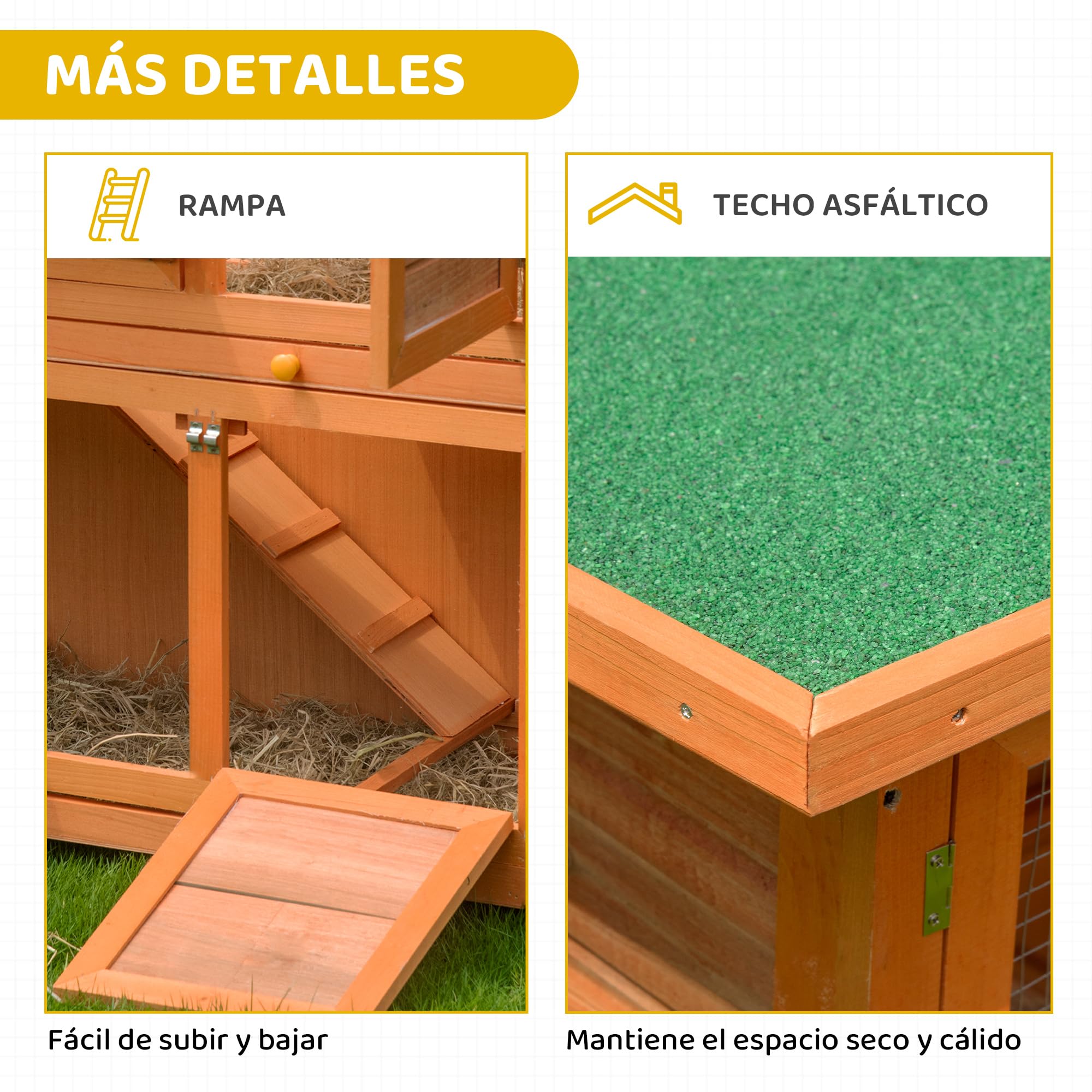 PawHut Conejera de Madera Exterior de 2 Niveles, Jaula para Conejos con Techo de Asfalto Abatible, Puertas, Rampa y 2 Bandejas Extraíbles, 120x48x100 cm, Madera Natural