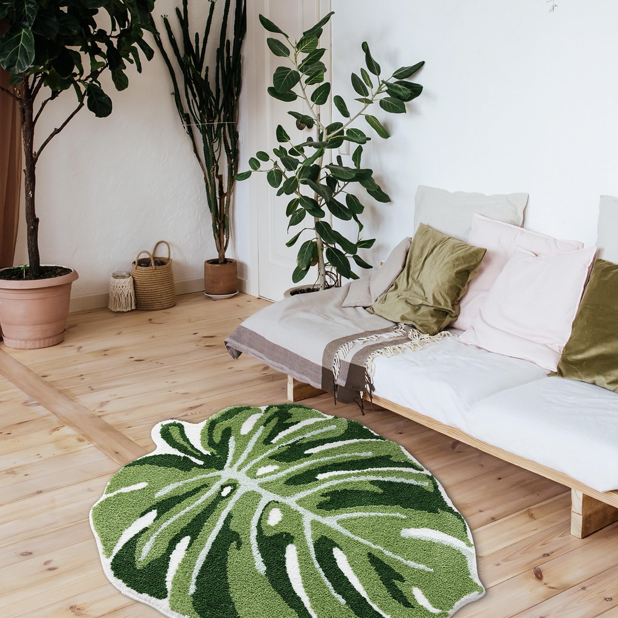 Panstar Green Leaf Mat, Large Monstera Cute Non Slip Palm Shaped Plush Fun Kitchen, Bathroom Bathtub Rugs Machine Washable: 36" x 43"