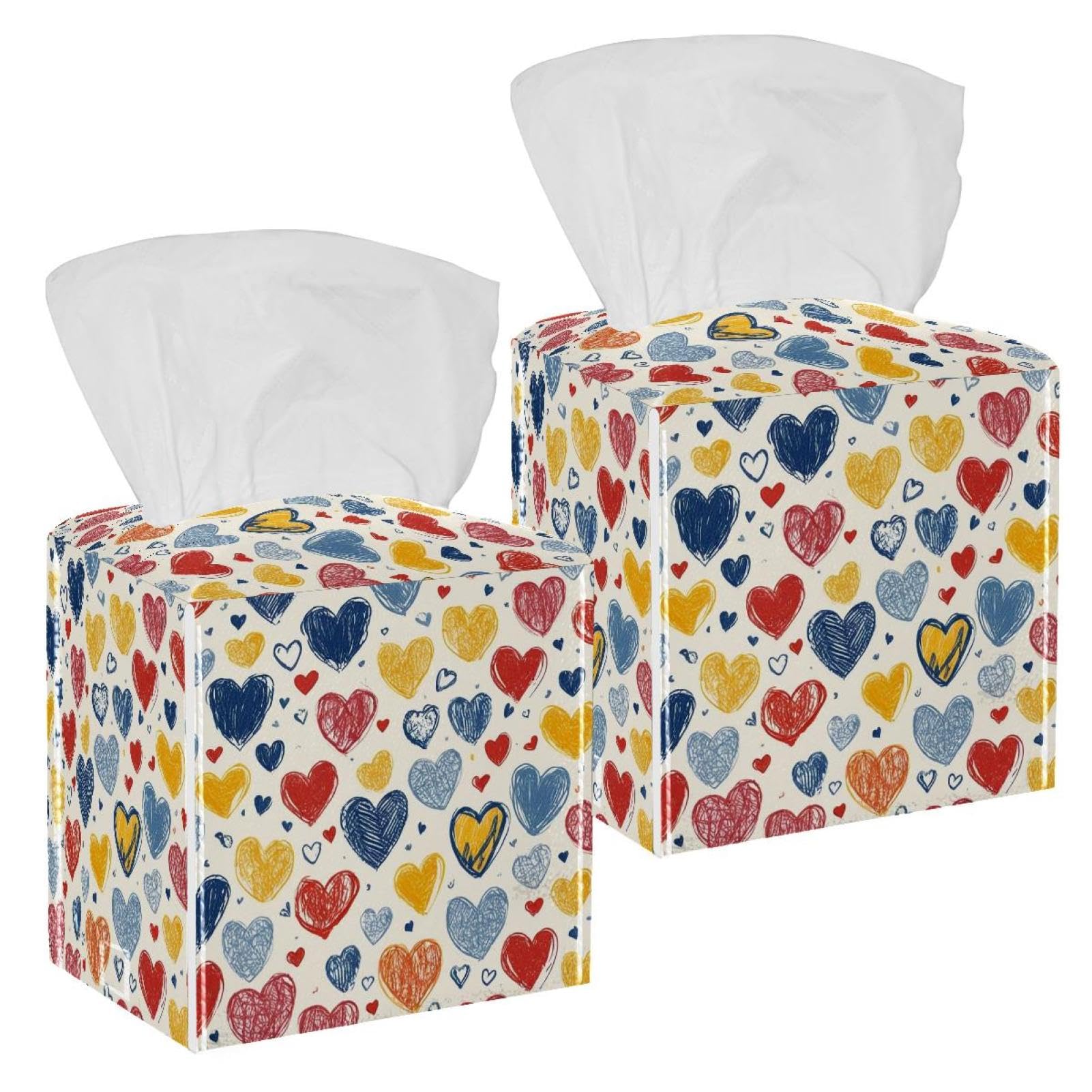 Heart of Love Tissue Box Cover, 2 Pack PU Leather Square Facial Tissue Dispenser Box holder for Home Office Car