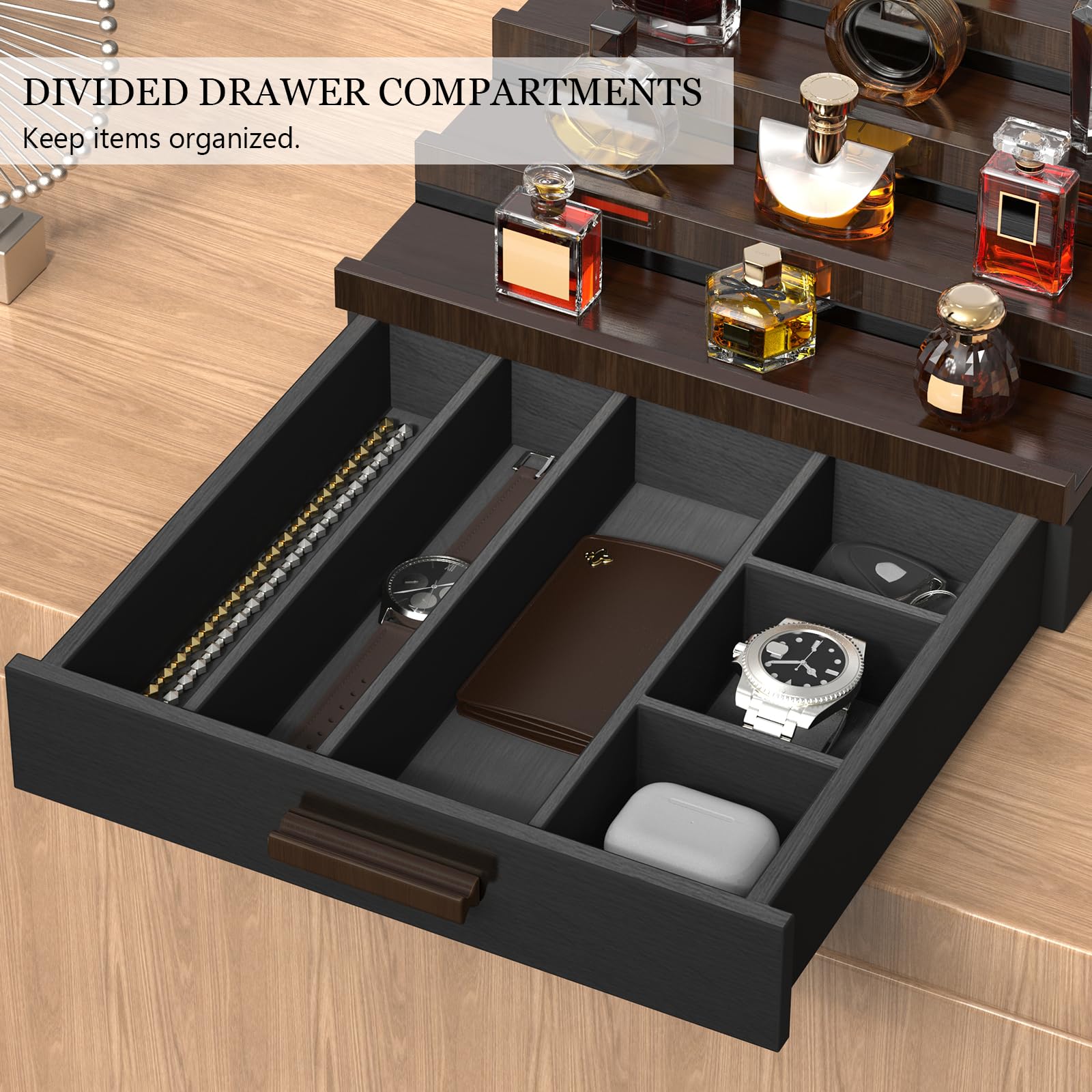 Zalida Wooden Cologne Organizer for Men 4 Tier of Perfume Display Holder of Drawer & 2 Hidden Compartments Larger Storage Space Mens Perfume Organizer Shelf Stand,Gift for Man (4T-Black Brown)