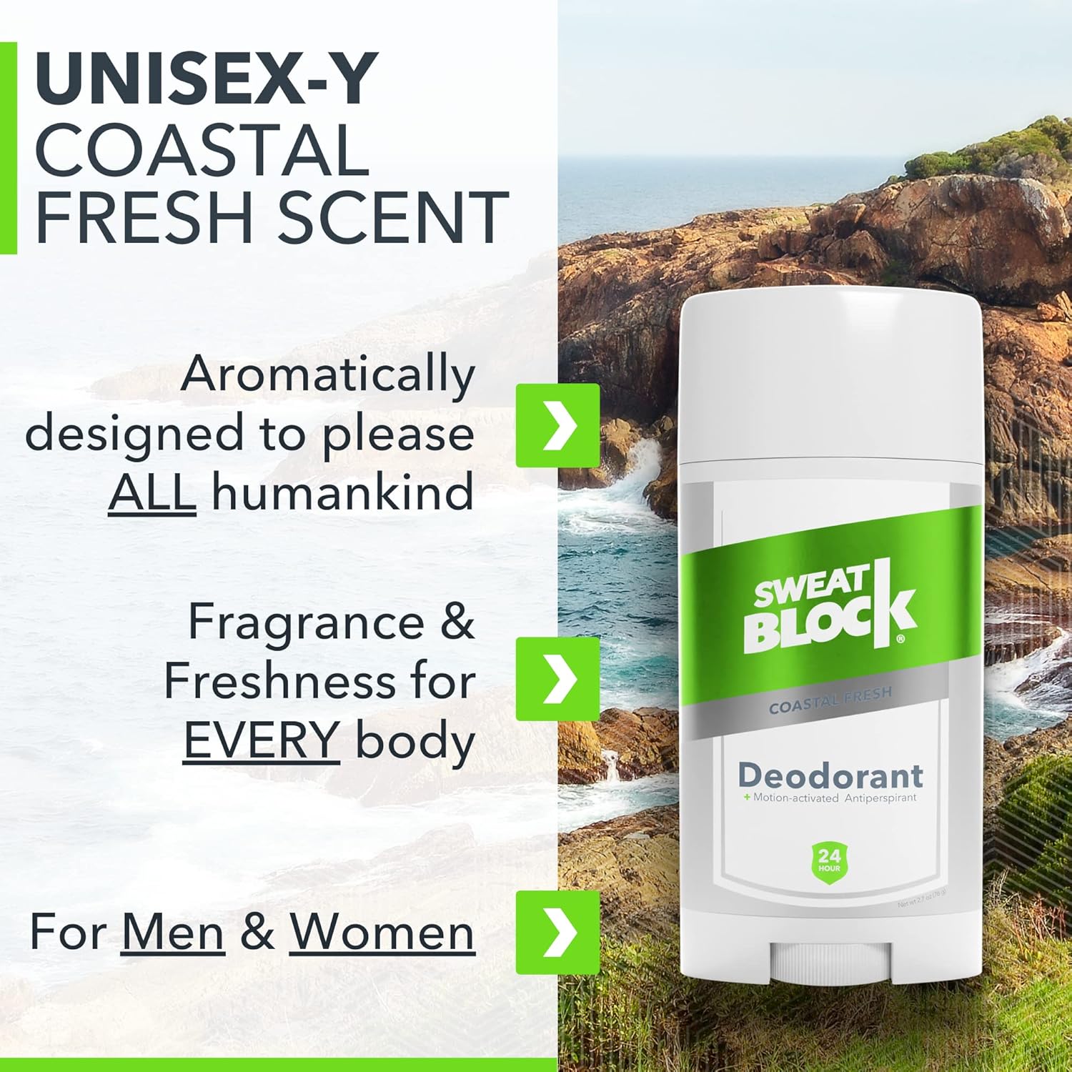 SweatBlock EVERYDAY STRENGTH Deodorant Antiperspirant for Men & Women - Sweat & Odor Protection - Easy, Clean, Smooth Glide - Dermatologist Tested - Coastal Fresh Scent, 2.7oz Stick (2 Pack)