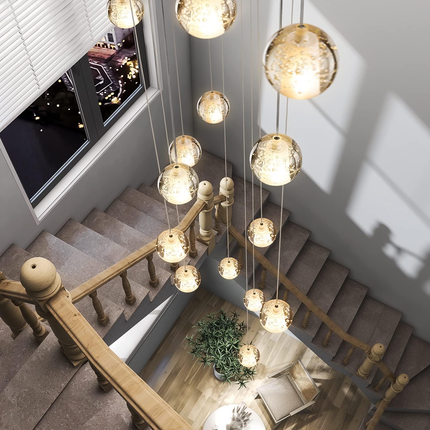 Pendelleuchte LED Moderne Glas Kristall Hängeleuchte Höheverstellbar Lüster Dekoratives Kronleuchter für Villa Treppe Wohzimmer Esszimmer Schlafzimmer Pendellampe (14 Bälle Rectangle)