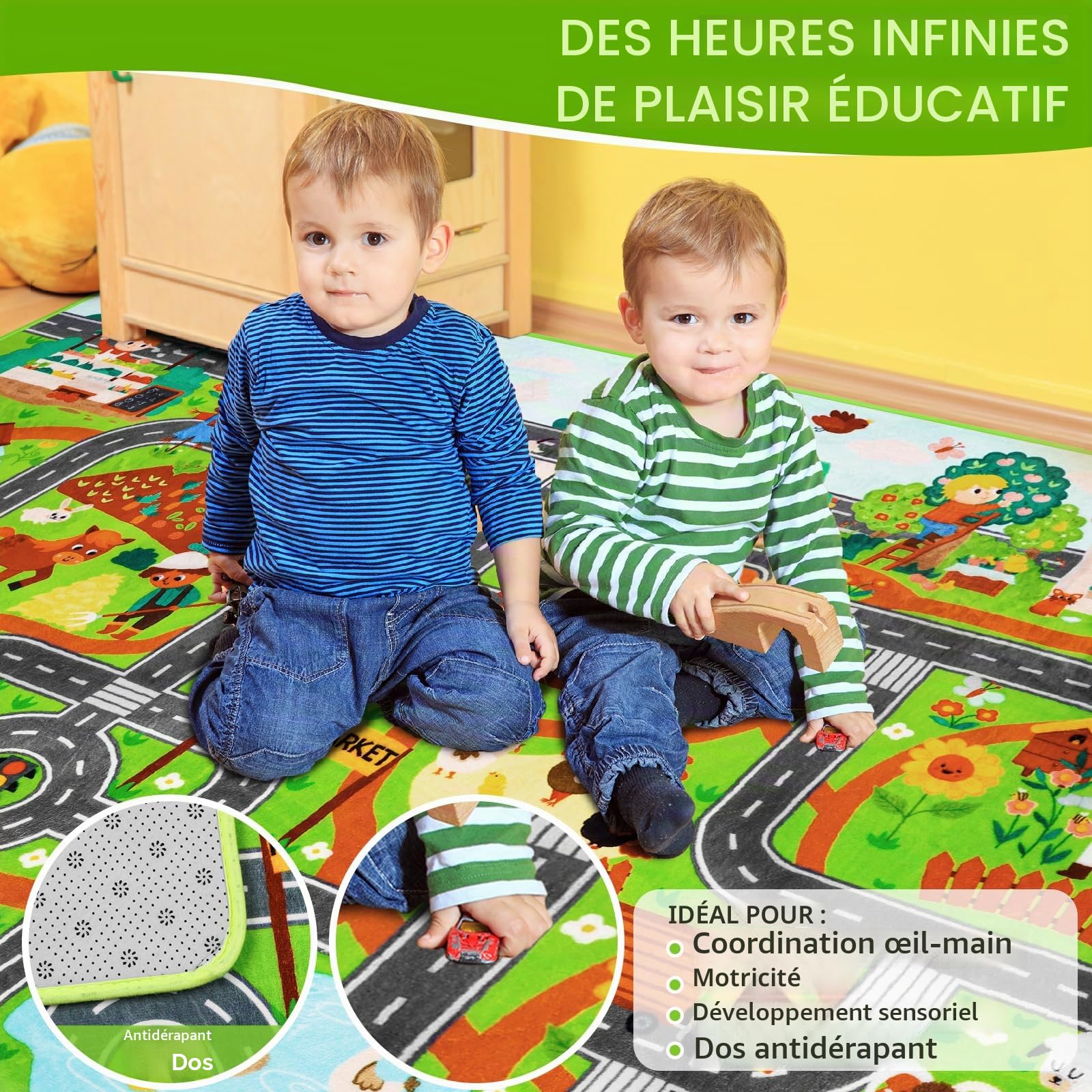 Tapis de jeu pour enfants pour voitures jouets, 150 x 100 cm, marché à la ferme, circulation routière, pour salle de jeux, voiture, carte de village, tapis de jeu antidérapant et lavable, pour
