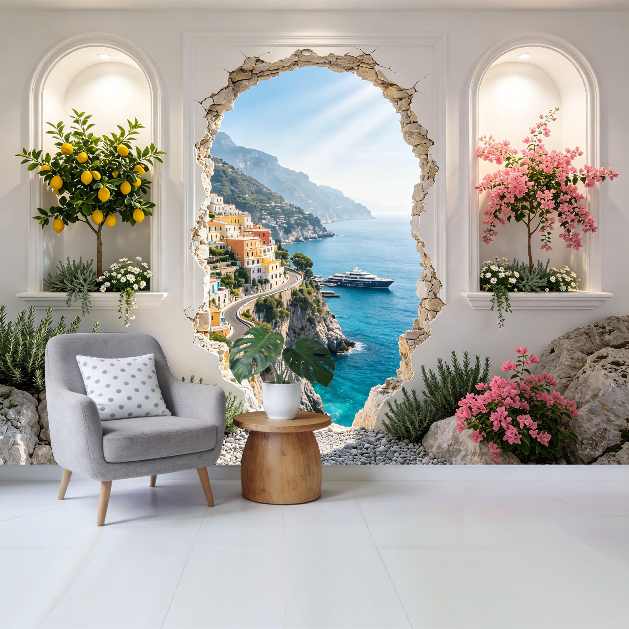 Removable Self Adhesive Fabric Mural， Mediterranean Coastal Lemon Tree Bougainvillea Window View Custom Size Wall Covering， UV Protected Waterproof Washable Wall Decor for Living Room