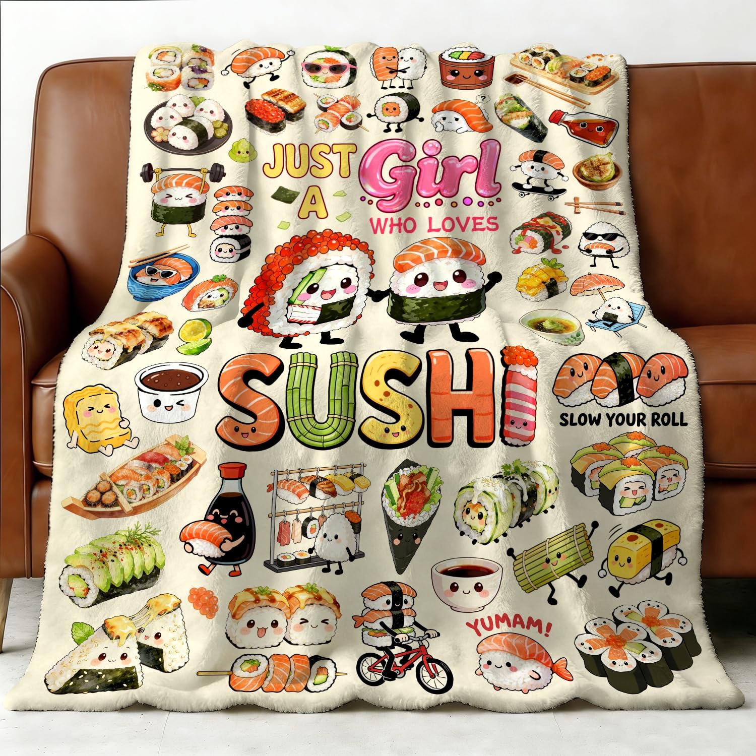 Sushi Blanket Gifts Soft Flannel Sushi Loves Throw Blanket Cute Food Themed Bedding Dceor for Women Girls Kids Adults 50"x40"