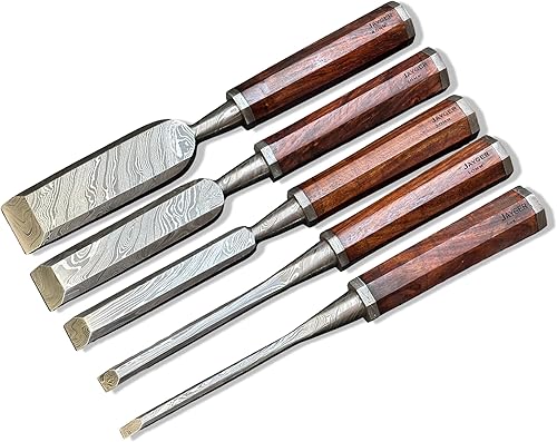 Juego de cinceles de madera de 5 piezas – Cuchillas de borde biselado de acero de Damasco forjadas a mano con cubiertas de cuero y asas de