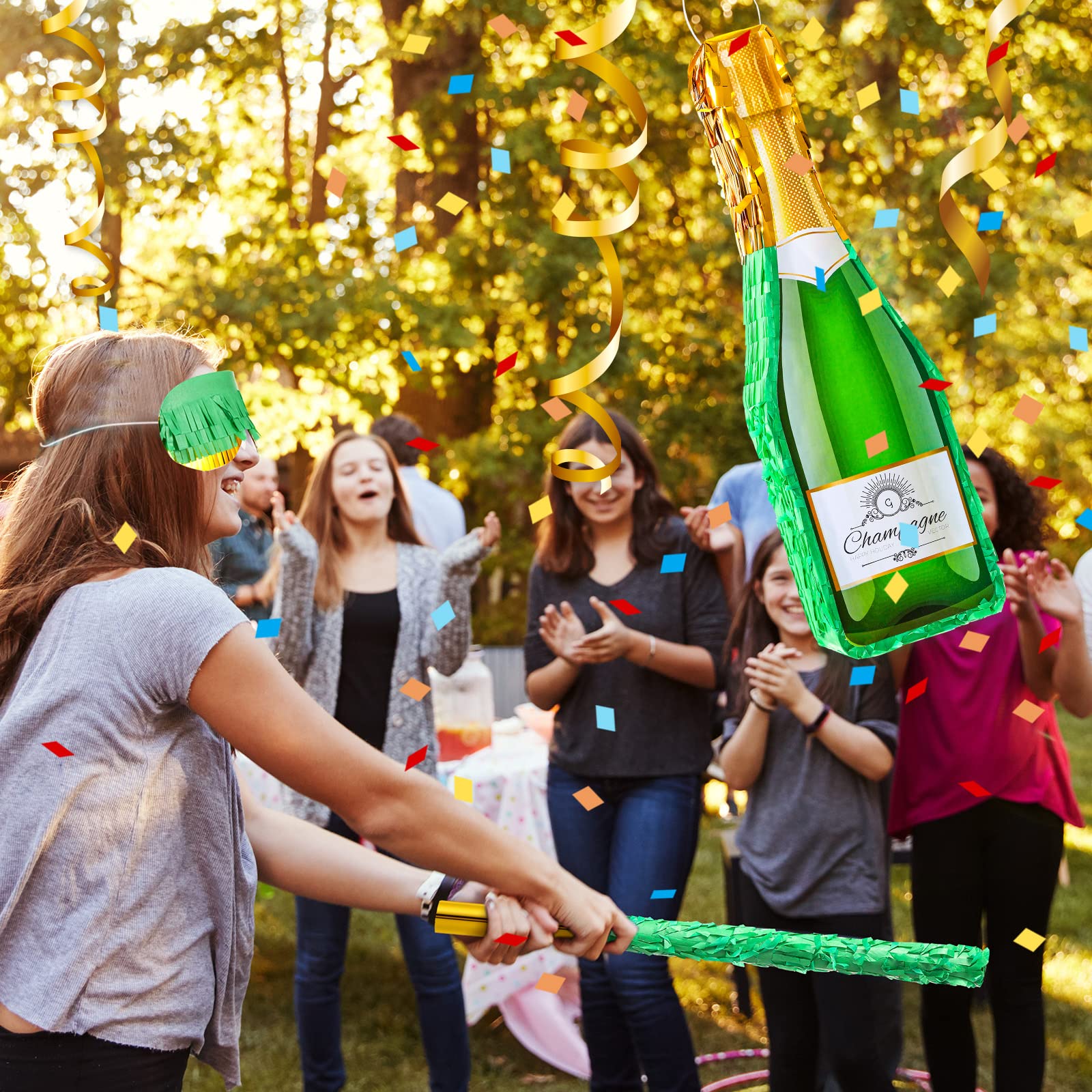Mini Piñata Bouteille De Champagne - Décoration Fête Élégante, Papier Vert/Or/Blanc/Noir