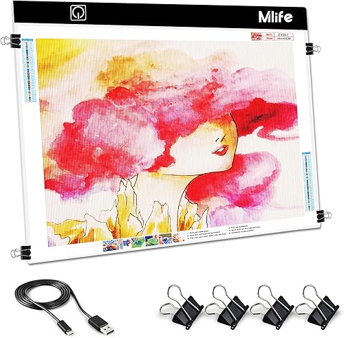 Mlife Almohadilla de luz LED A2 para pintura de arte de diamante con 3 brillos, tablero de luz de seguimiento con cable USB y 4 clips de fijación