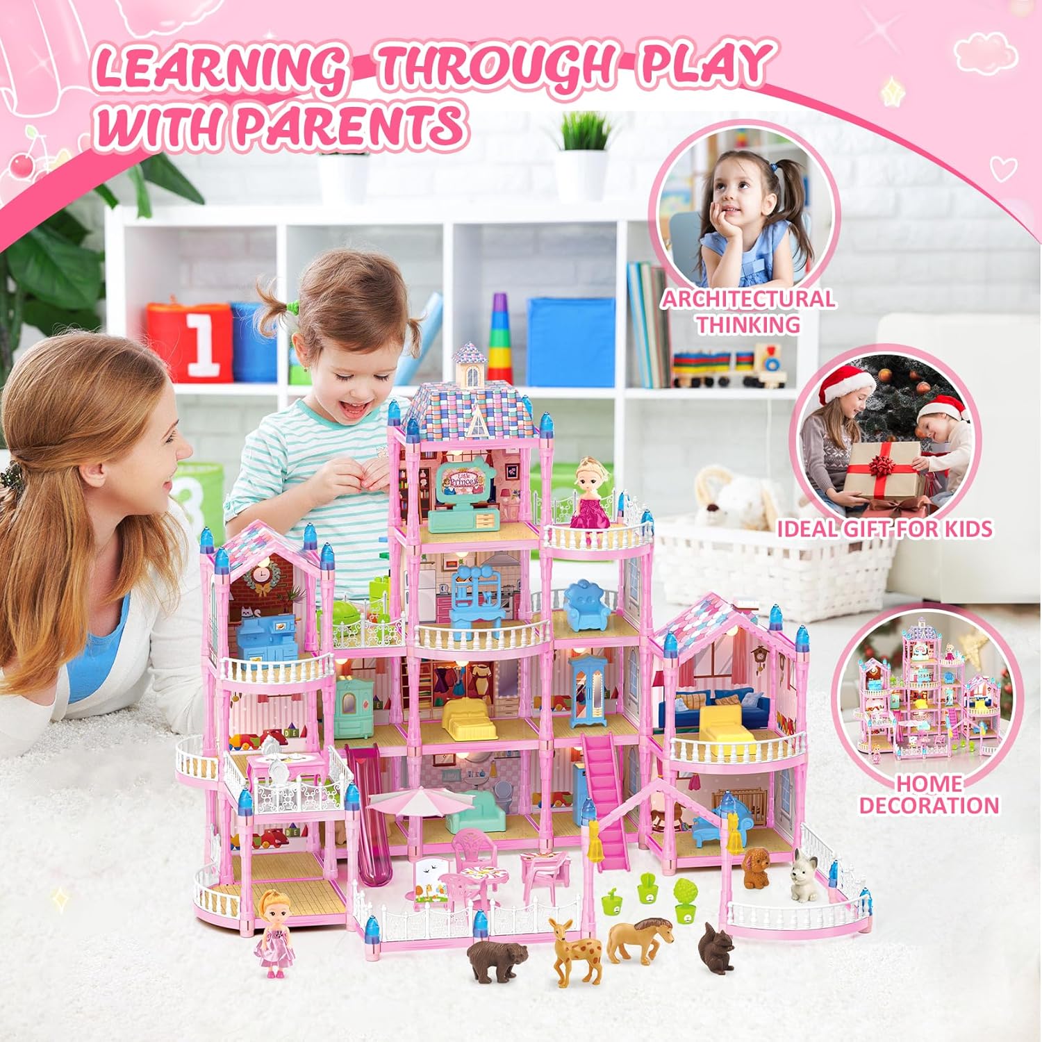 Doll House for Girls, Dream Dollhouse 4-Story 15 Rooms with 2 Dolls, Lights, Animals, Furniture and Accessories, Pretend-Play Toddler Playhouse Gift for 3 4 5 6 7 8 9 10+ Year Old Girls Toys