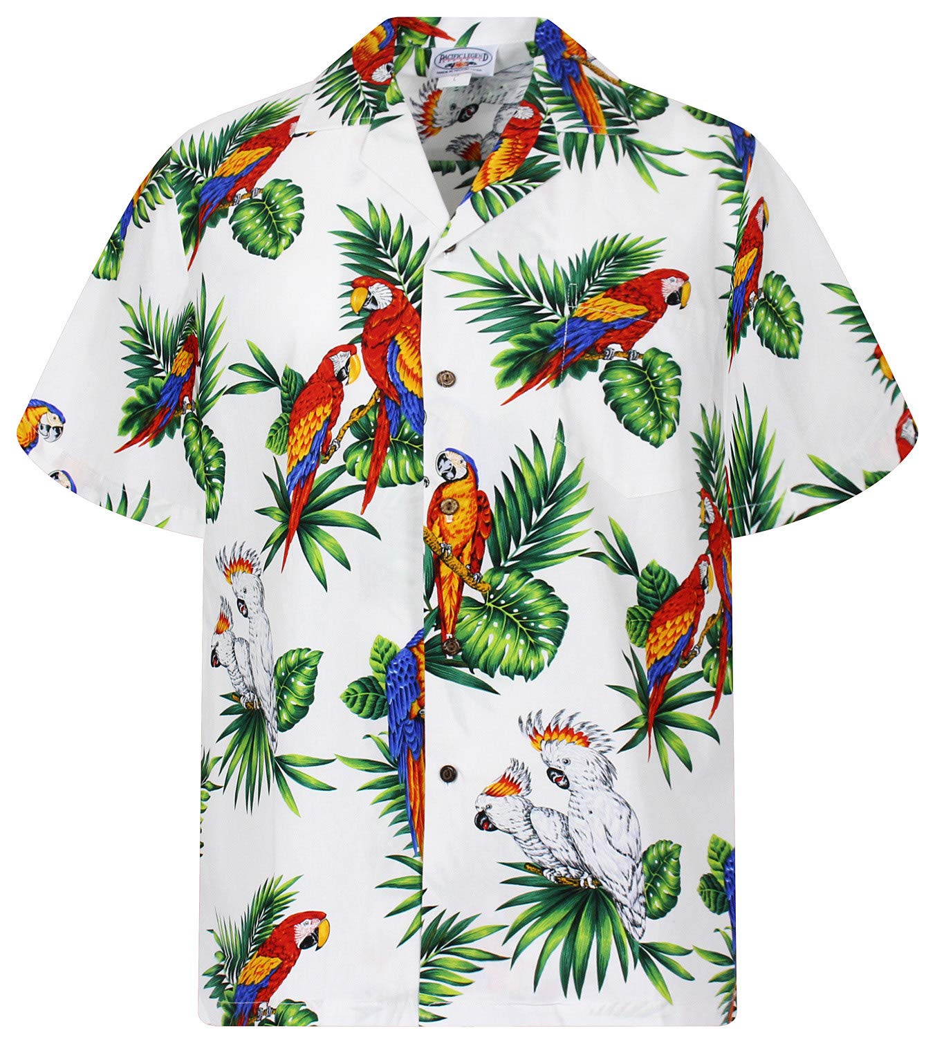 Pacific Legend Originale Camicia-Hawaiana Uomo Manica-Corta Elegante Pappagallo Cacatua Foglie Unisex