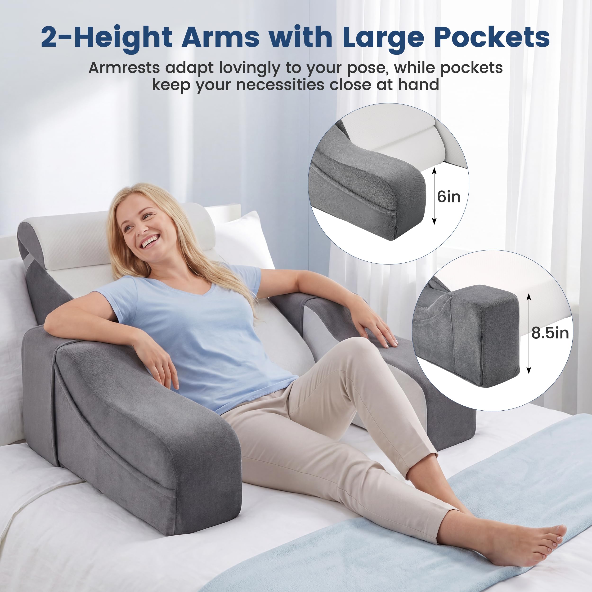 Cuscino da lettura reversibile 2 in 1, cuscino da lettura per letto e divano con braccioli e poggiatesta rimovibili, 2 angoli di inclinazione per lo schienale: 20° e 55°, sedia da letto per