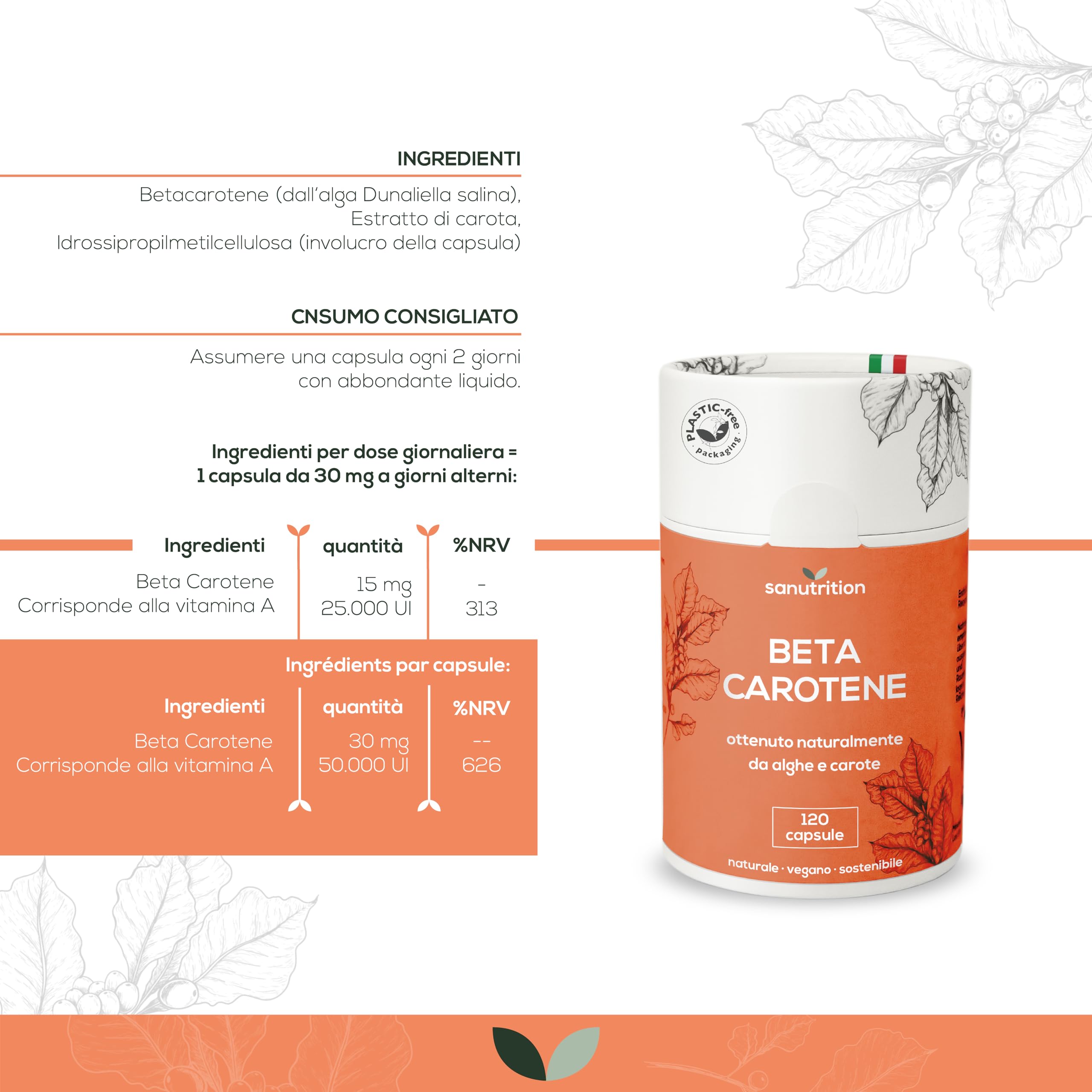Beta-carotene da alghe 30 mg per capsula | 120 capsule | Altamente dosato | da alga Dunaliella salina ed estratto di carota | Vegan | 100% confezione di carta ecologica