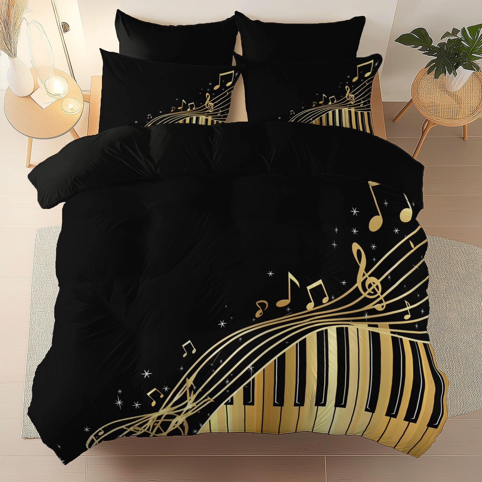 Housses de couette 4 saisons respirante motif notes de piano avec fermeture