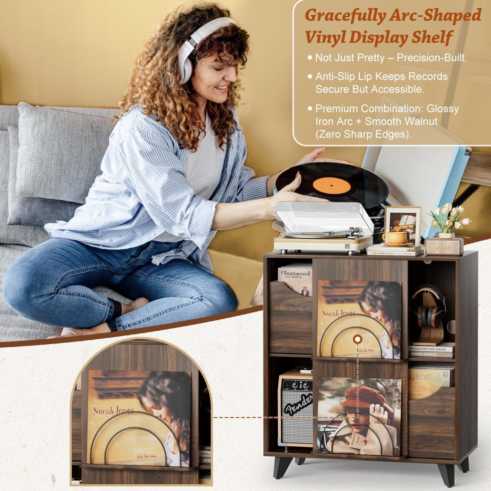 Bikoney Schallplatten Aufbewahrung mit Vinyl Display und 2 Schubladen – Holz Schallplattenständer Tisch und TV Schrank für Alle Plattenspieler und Lautsprecher, Plattenspieler Regal für Wohnzimmer