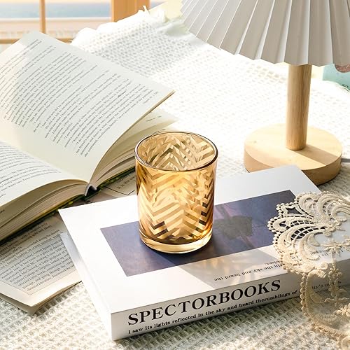 Miniatura 3 de Juego de 3 portavelas votivas doradas, candelabros de cristal con patrón geométrico de ondas de rayas, decoración de mesa de centro de mesa para