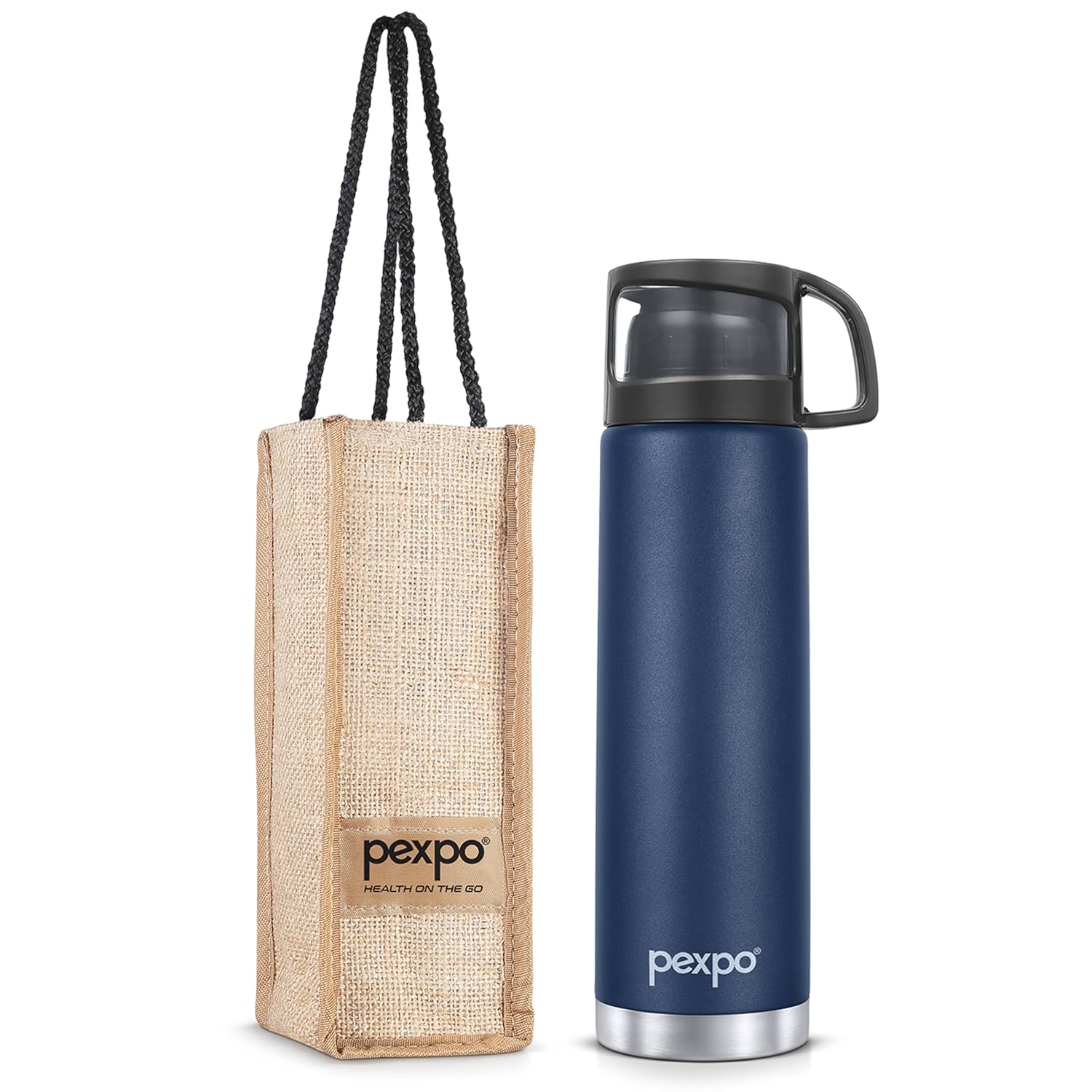 Pexpo Fererro 1000ml Stainless Steel Flask | Triple Wall Vacuum Insulated Hot & Cold Bottle | ISI Certified | Cup Designed Cap | for Office, Gym & Travel with Jute Bag – Denim Blue Pexpo Fererro 1000ml Stainless Steel Flask | Triple Wall Vacuum Insulated Hot & Cold Bottle | ISI Certified | Cup Designed Cap | for Office, Gym & Travel with Jute Bag – Denim Blue