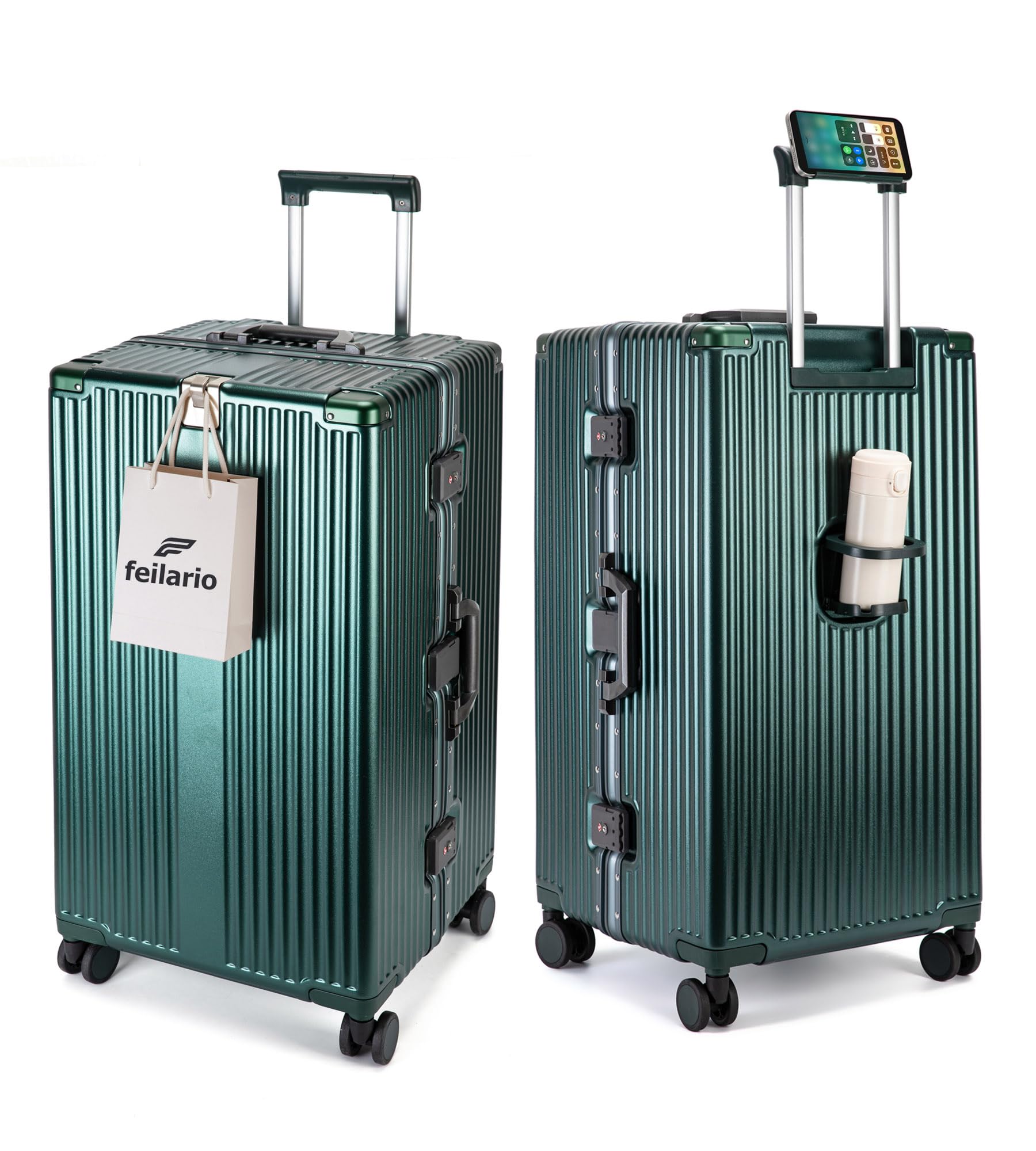 Feilario Super Large Captain Aluminum Frame Hardside Spinner Wheels Luggage for Travelers with Cup Holder/Phone Holder