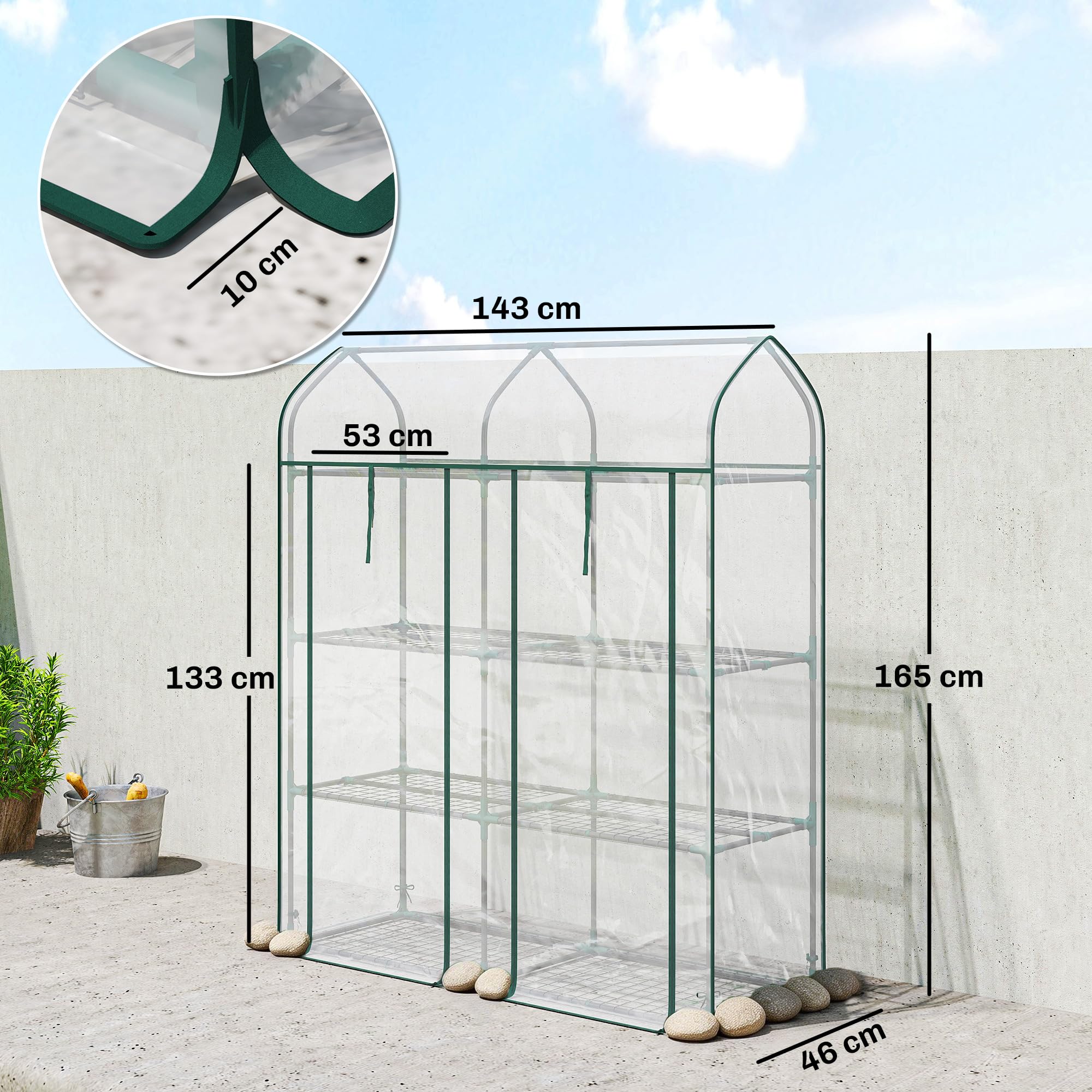 Outsunny Serra da giardino con ripiani a 3 livelli a tetto appuntito, piccola serra da balcone in tela PVC e telaio in acciaio, 2 ante rotanti, per verdure e piante, fiori, 143 x 46 x 165 cm