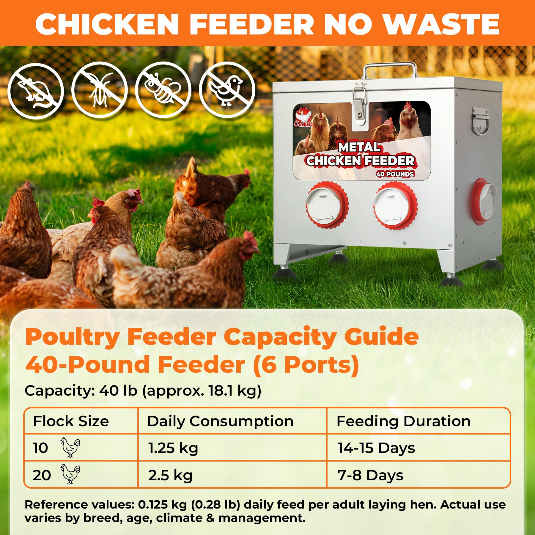 Comedero de pollo galvanizado de 6 puertos de 40 libras con altura ajustable, tapa de bloqueo y asas remachadas, gran capacidad, resistente a la lluvia, alimentador automático de pollo, color plateado