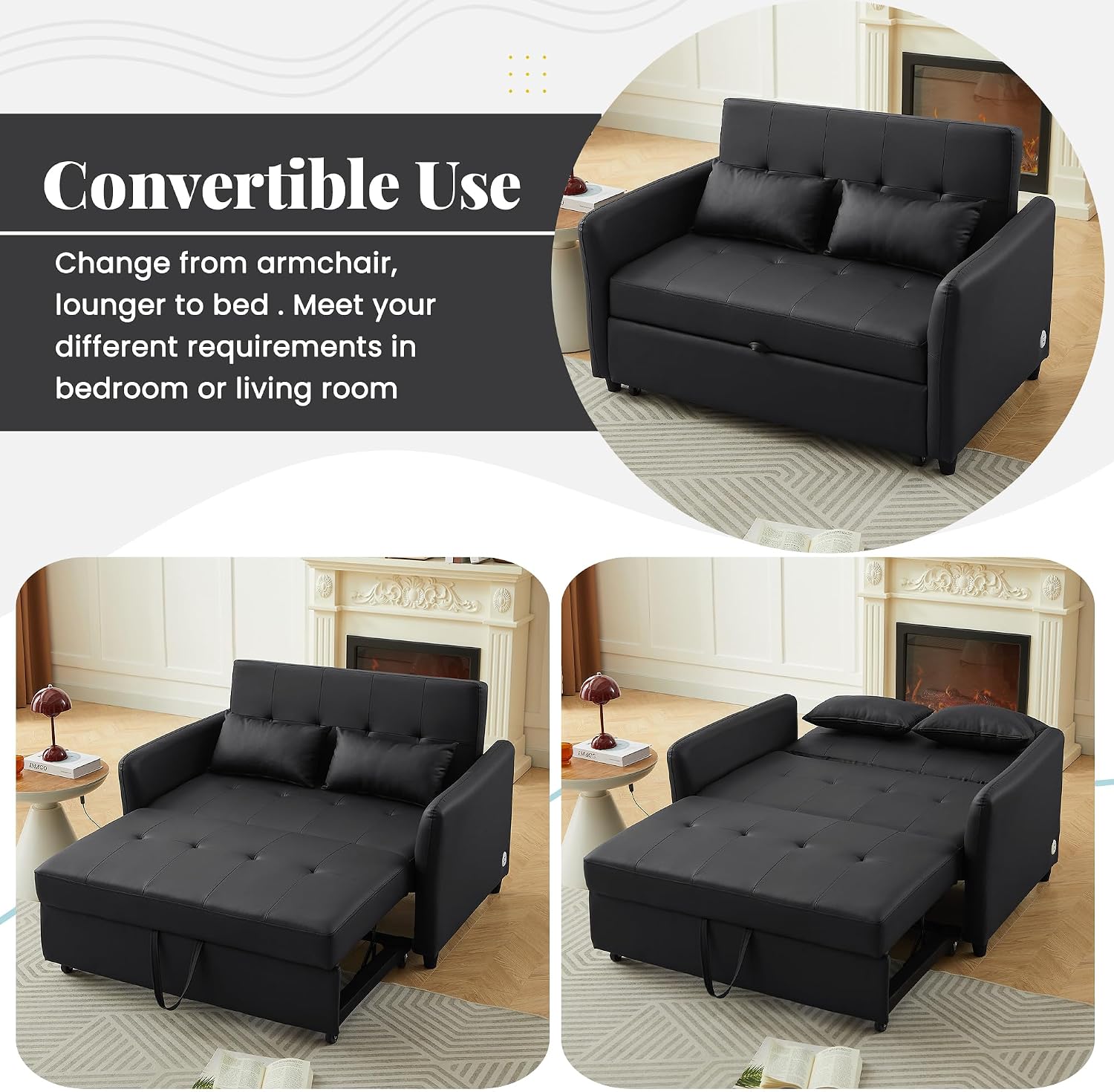 Ball & Cast 52" 3 in 1 Loveseat Futon Sofa-Bed,Convertible Pull Out Couch,PU Leather Upholstery Sleeper Sofa Bed with Adjustable Backrest,3 USB Ports&2 Pillows,Oversized Armchair,Chaise Lounge,Black