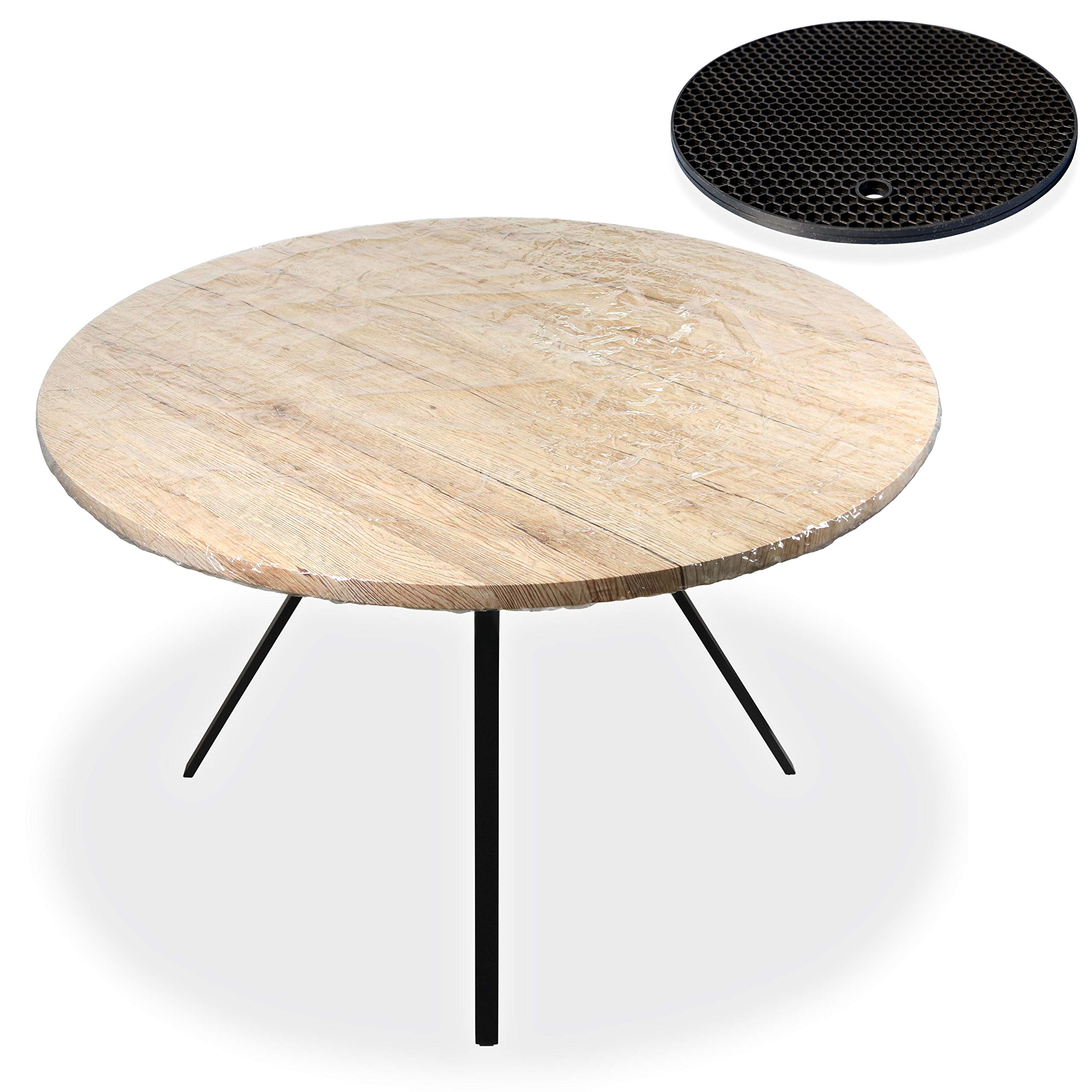 Qumova Vinyl Round Fitted Table Protector - Clear Waterproof Elasticated Tablecloth Edge Ensures Snug Fit - Medium Fits a Round Table 40-44 Inch - Complete with a Black Silicone Trivet