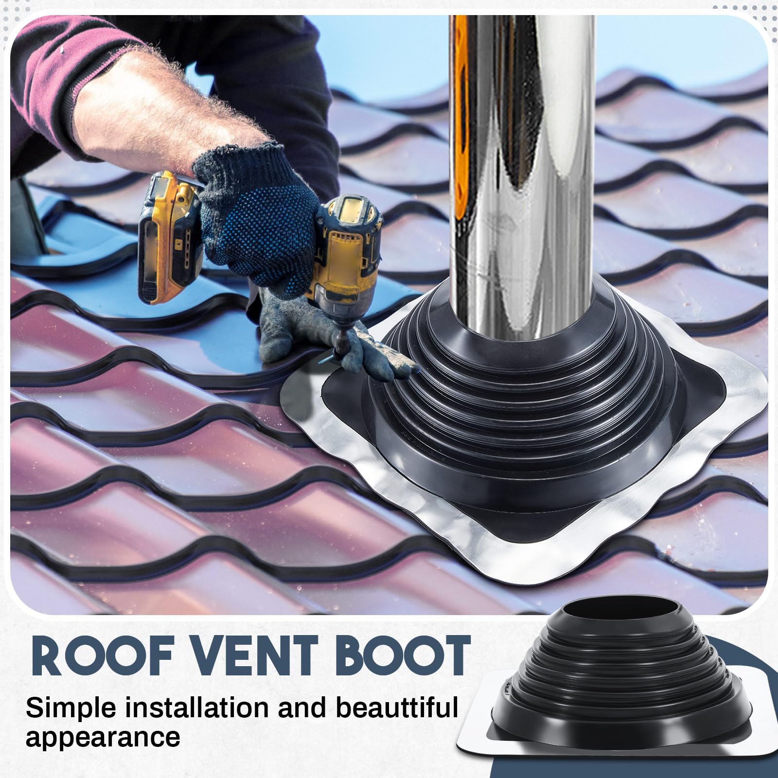 Yaocom Bota de ventilación de techo de metal #7 intermitente para tubería OD de 6 a 11 pulgadas, base cuadrada Epdm, kit de ventilación de techo (1 unidad, 14.8 pulgadas)