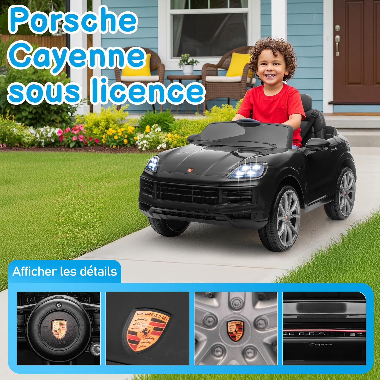LALAHO Porsche Cayenne Enfant 12V Noir télécommande parentale lumières