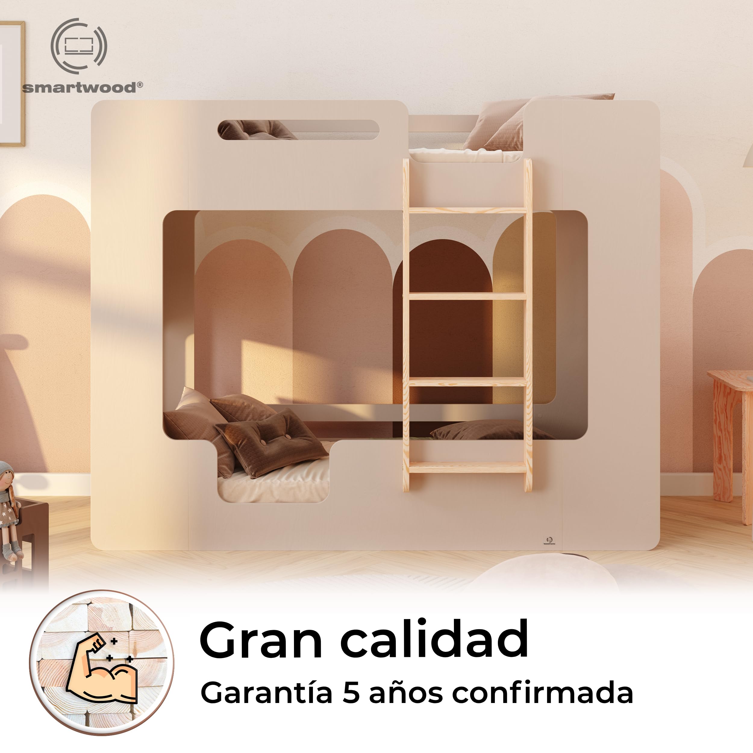 smartwood Litera Infantil 80x180 cm Cachemira - Cama Litera de Madera con Barandillas de Seguridad y Somier de Láminas - Soporta hasta 230 kg - para Niños y Niñas - Mimi B