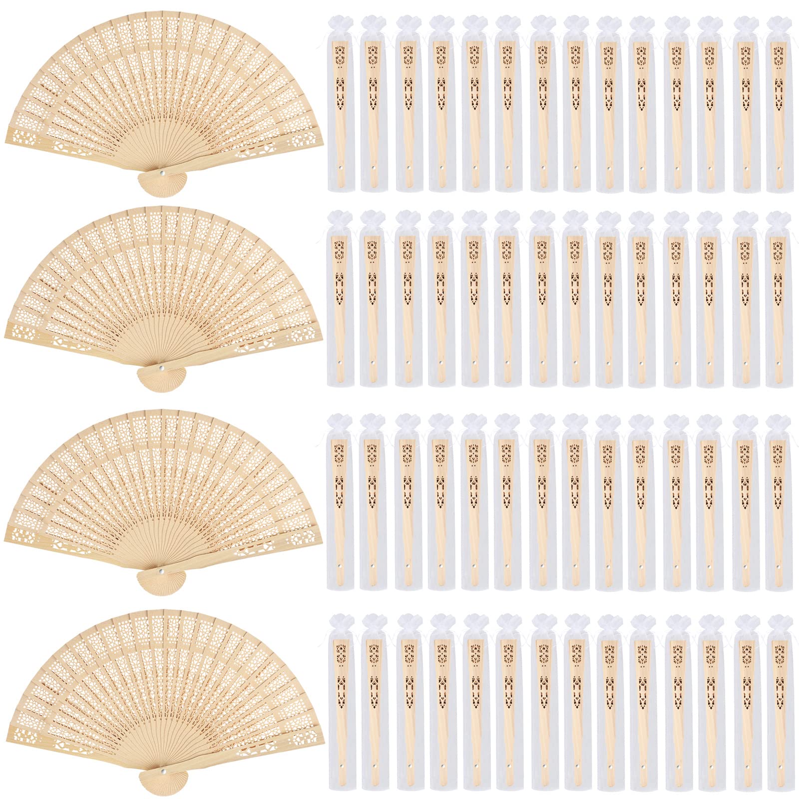 MCEAST 60 Pack Sandalwood Folding Fans Bulk, 7.9 Inches Wooden Handheld Fans with Organza Bags, Wedding Fans for Bridal Shower, Party Favors, Events &
