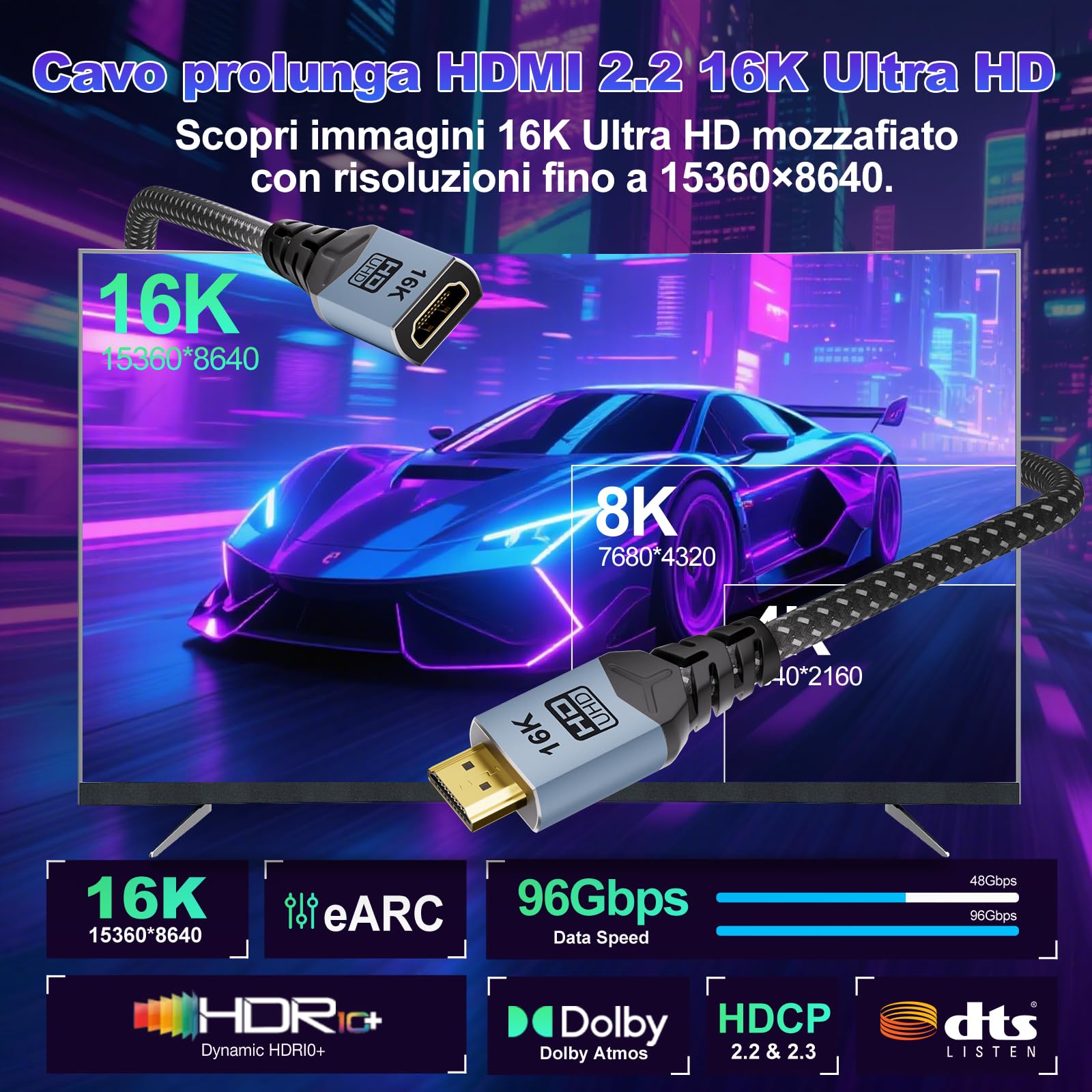 [Lotto da 2 Cavo di Prolunga HDMI 16K 2M,8K@120Hz,4K@240Hz/480Hz,Ultra alta velocità 96 Gbit/s,Cavo di estensione maschio-femmina,Compatibile con HDTV,Laptop,Series X,Chromecast,TV Stick