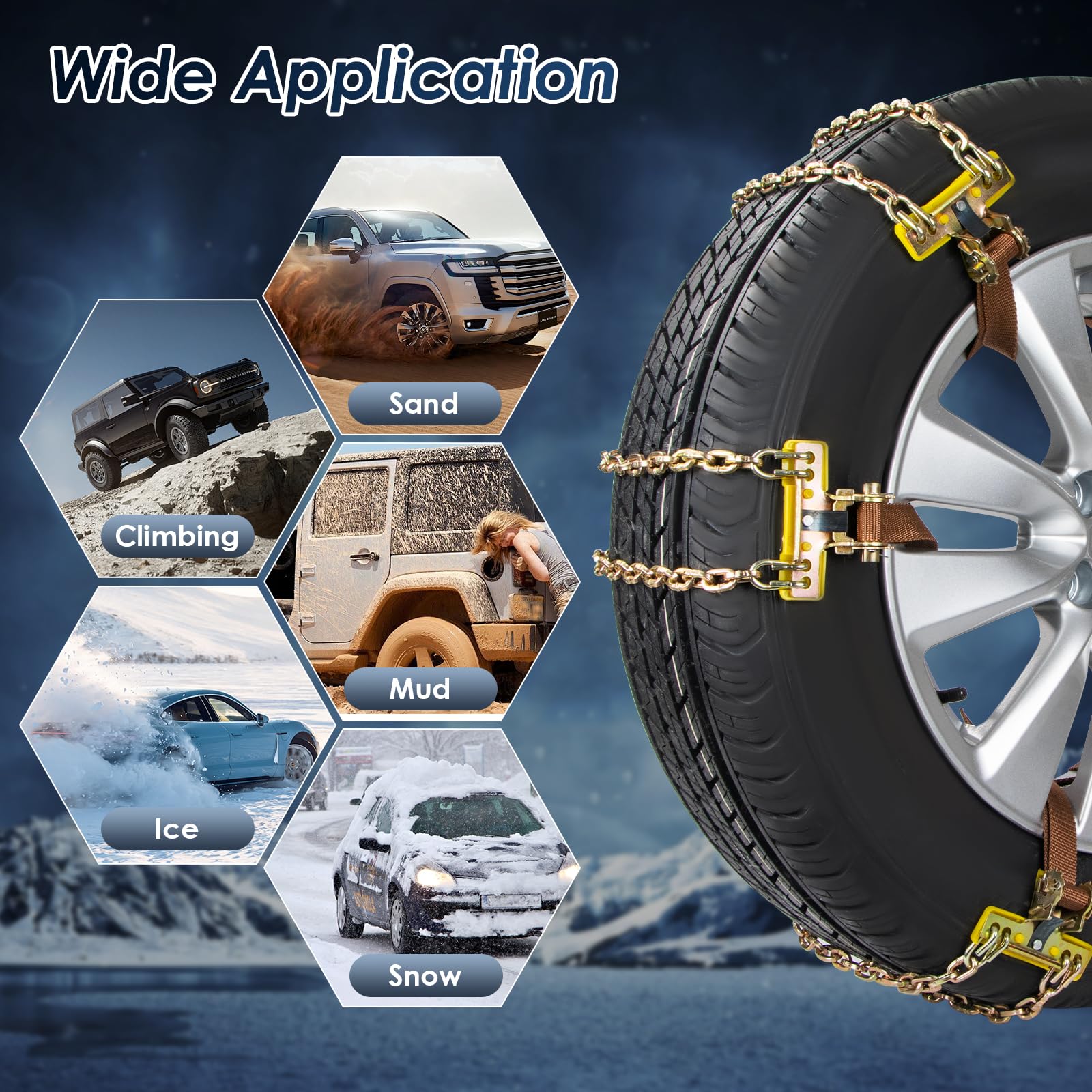 Cadenas para Nieve - Juego de 6 Ajustables y Resistentes Con Pala de Plástico y Guantes - Para Coches, Camiones, SUV - Ancho 165-265 mm