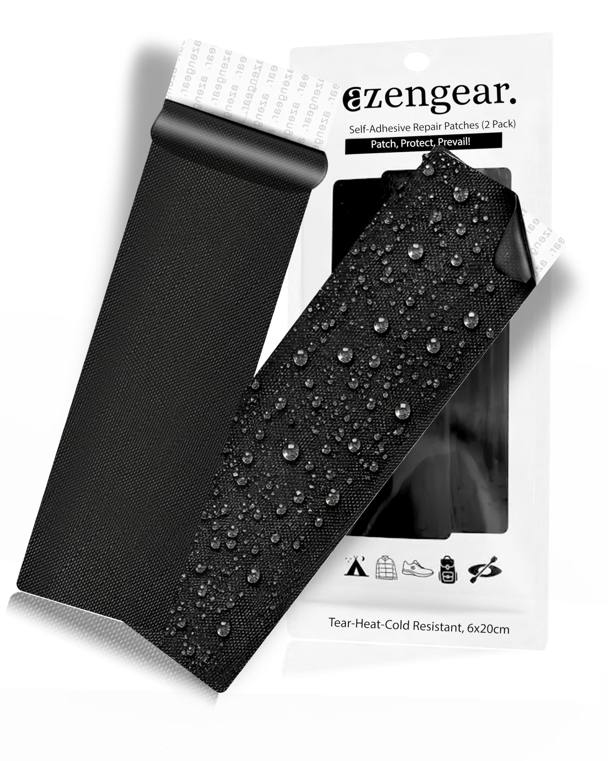 aZengear Self-Adhesive Repair Patches (2 Pack) to Fix Rips in Tents, Down Jackets, PVC, Upholstery - Waterproof, Tear-Cold-Heat-Resistant Polyester (Black, 6x20cm)