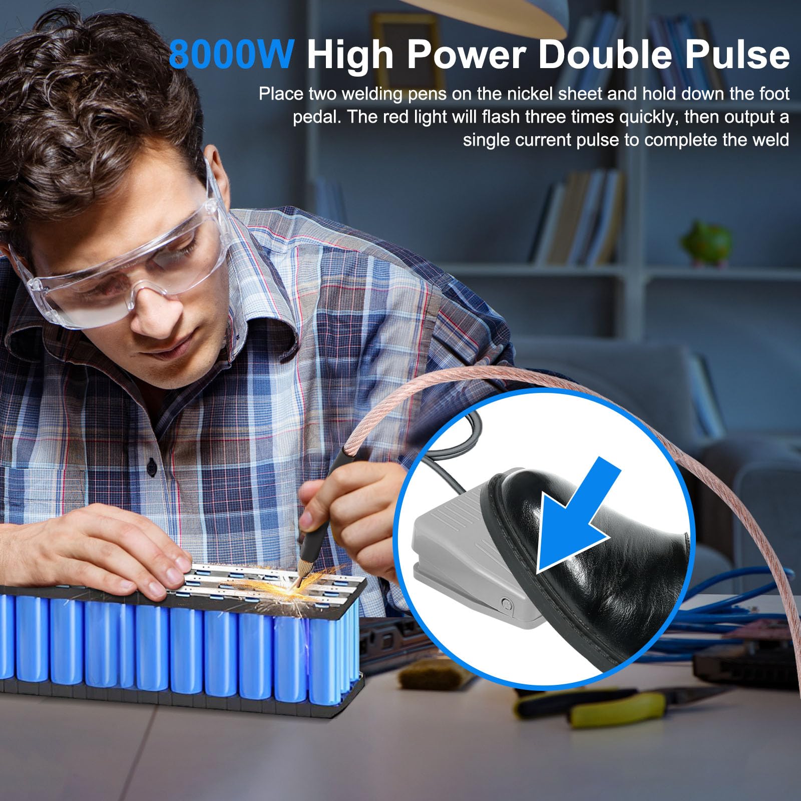 Saldatore a Punti 8000W, Saldatore a Punti a Batteria Portatile 10-90 Marce 0,1-0,3mm con Doppia Uscita a Impulsi Pedale Regolabile per Realizzazione di Pacchi Batteria