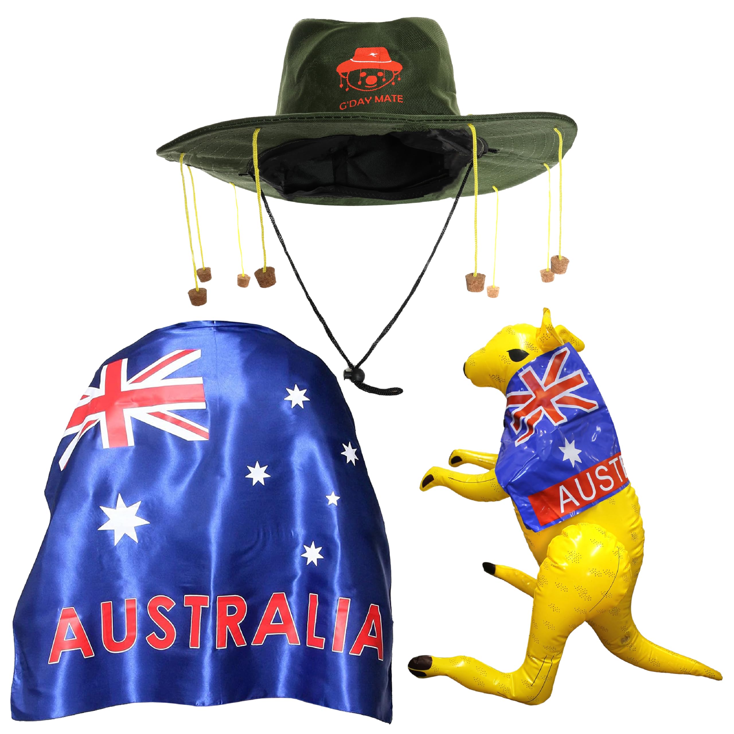 Australia Day Fancy Dress Set Large Wearable Satin Aussie Flag Cape + Cork Hat With Koala Print Emblem + Yellow Inflatable Kangaroo Oz Costume Dundee Football