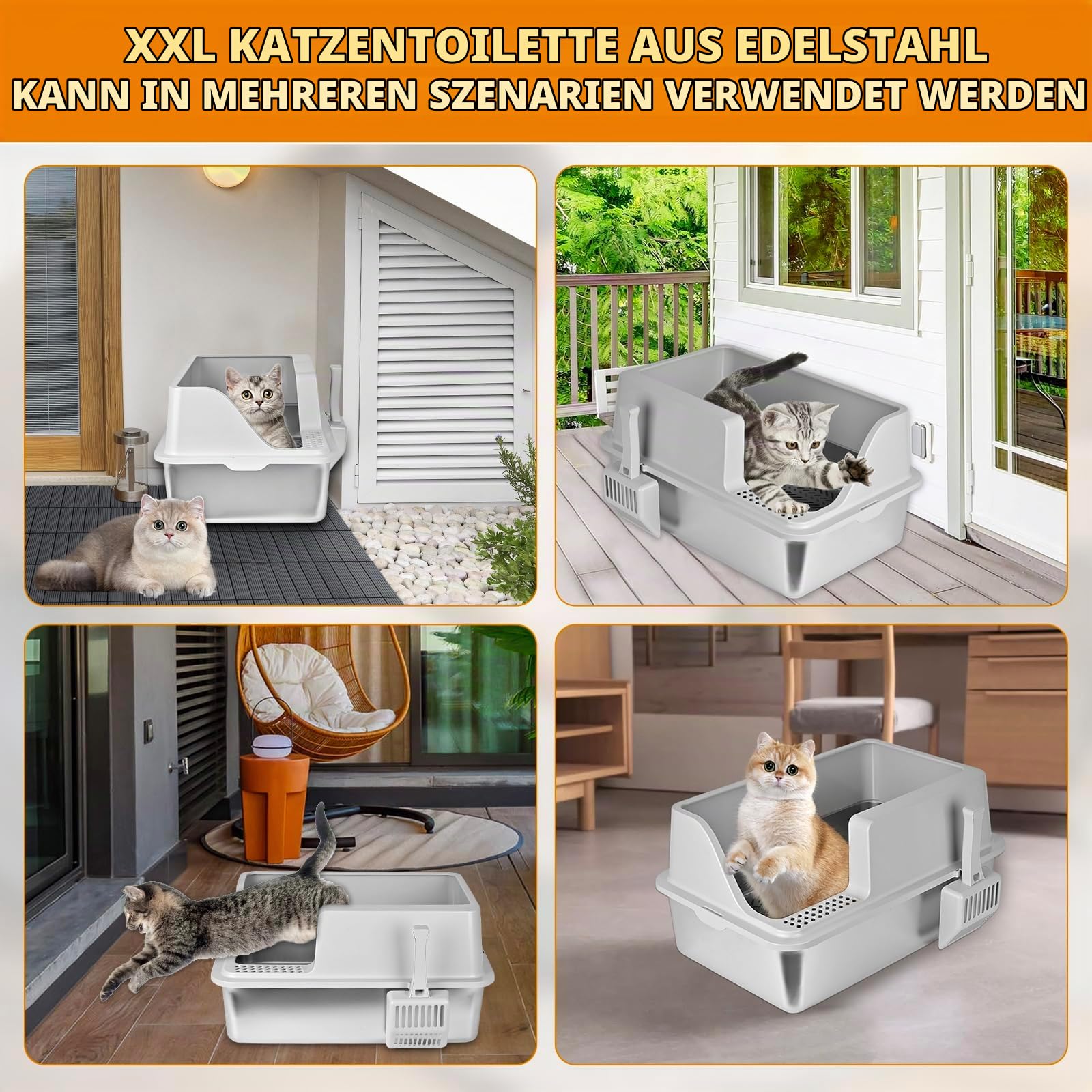 Homegroove Edelstahl-Katzenstreukasten für Kiefernpellets, 60 x 40 x 20 cm, hoher Rand, Metall-Katzenstreukasten mit Deckel für Wohnungskatzen, mit Kunststoffschaufel und 10 Urinpads (8 Inch)