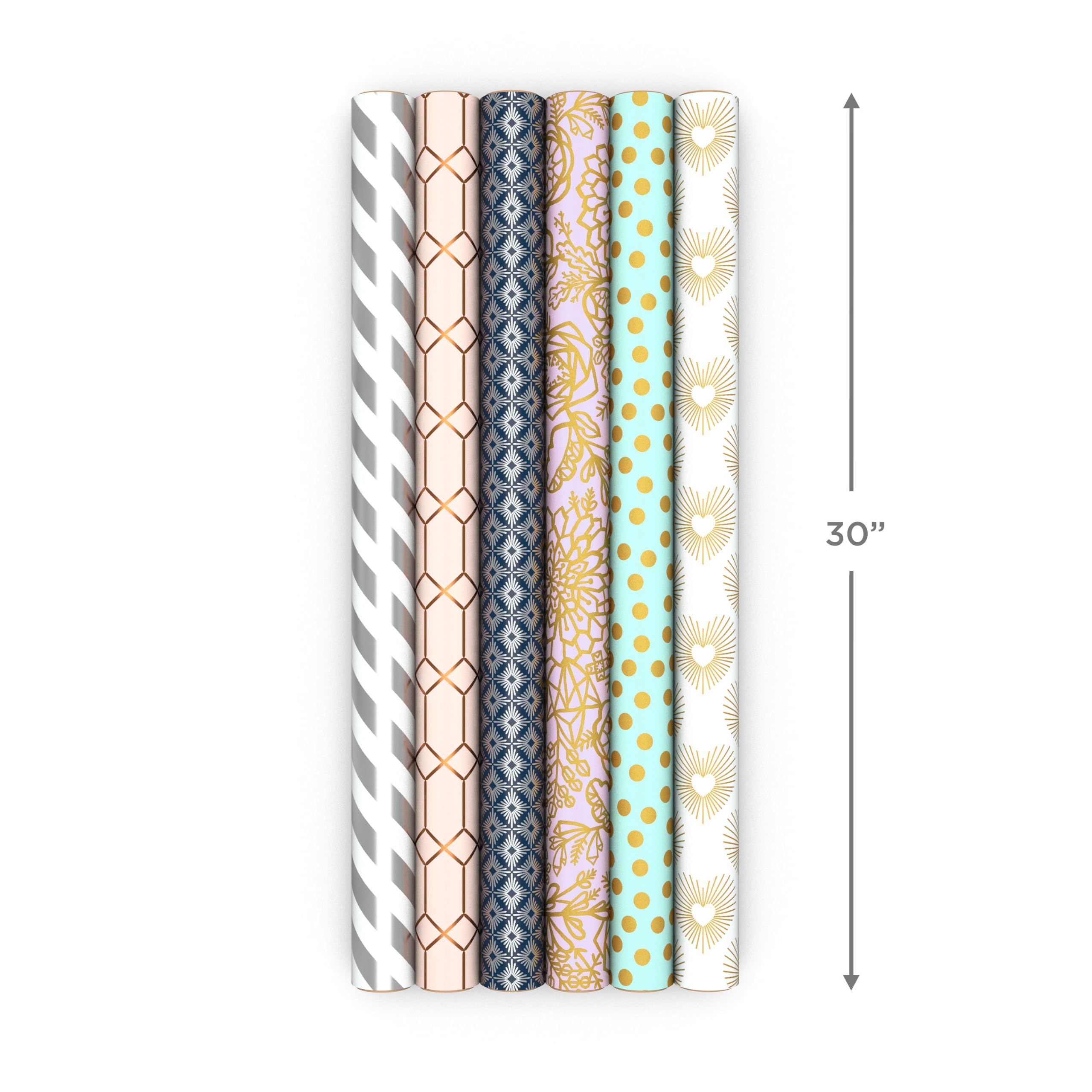Hallmark Geschenkpapier mit Schnittlinien auf der Rückseite, 6 Rollen, 180 m² insgesamt, weiß und silberfarben, Mintgrün, goldfarbene Herzen und Blumen, für Hochzeiten, Brautpartys, Geburtstage