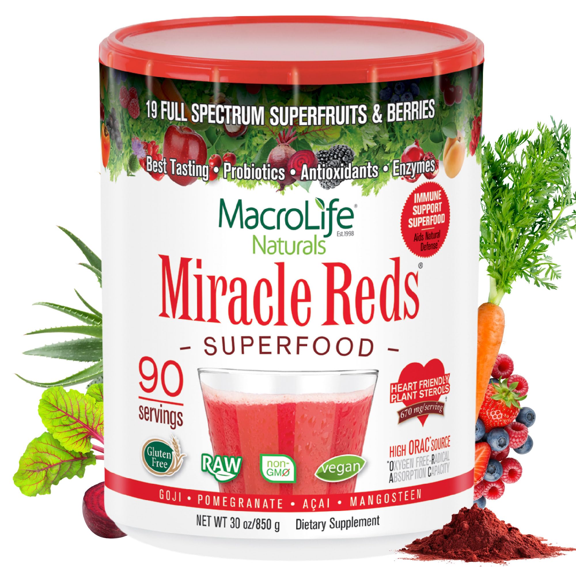 Miracle Reds Superfood Powder 19 Blended Fruit & Berry Polyphenols Enzymes Probiotics & Antioxidants Supplement - Raw Non-GMO & Vegan Whole Food Vitamins - 30oz (90 Servings)