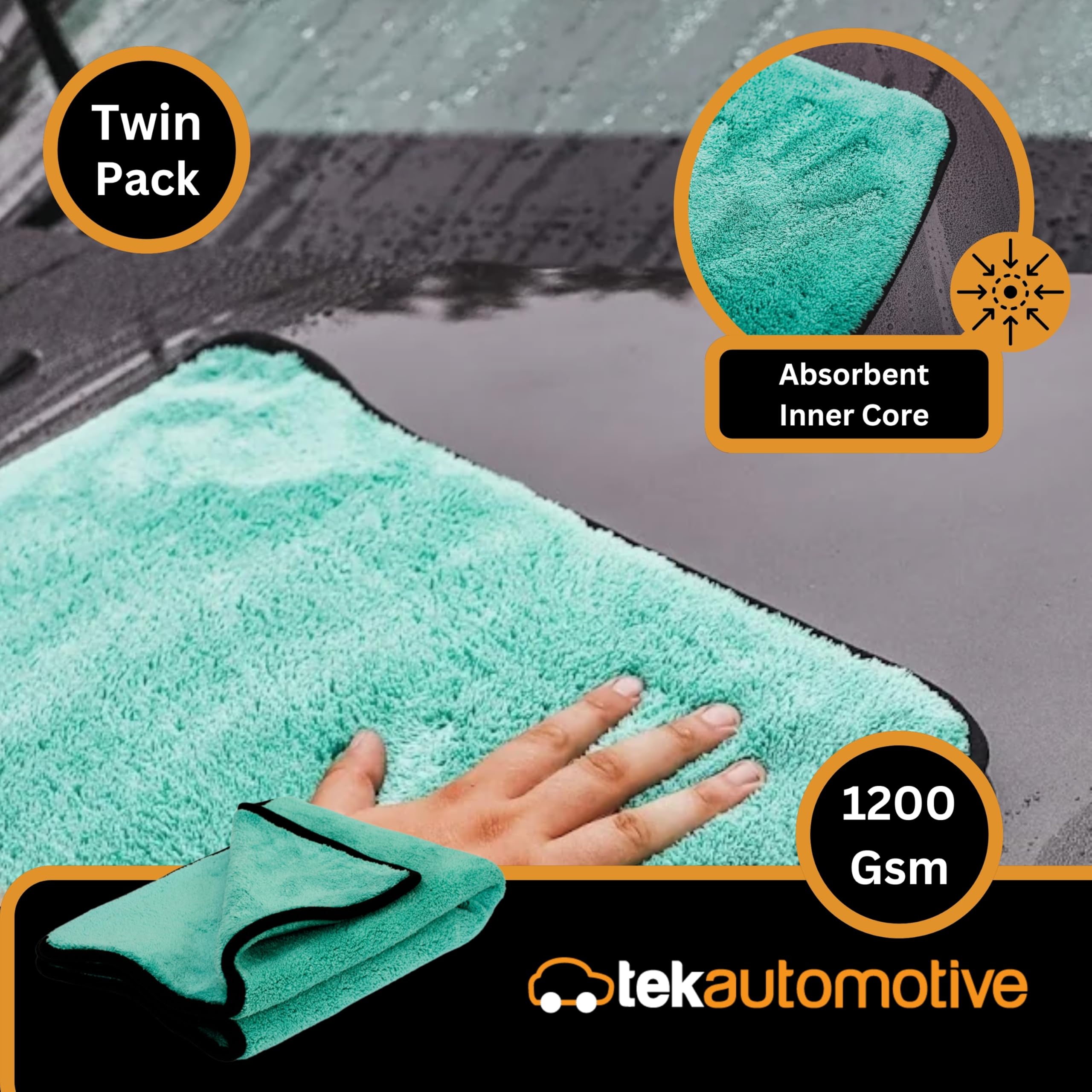 Tek Automotive Aqua - Juego de 2 toallas de secado de coche de lujo de 1200 g/m², paños de microfibra extra grandes (50 x 70 cm), superabsorbentes, ultrasuaves, para limpieza, detalles, pulido y