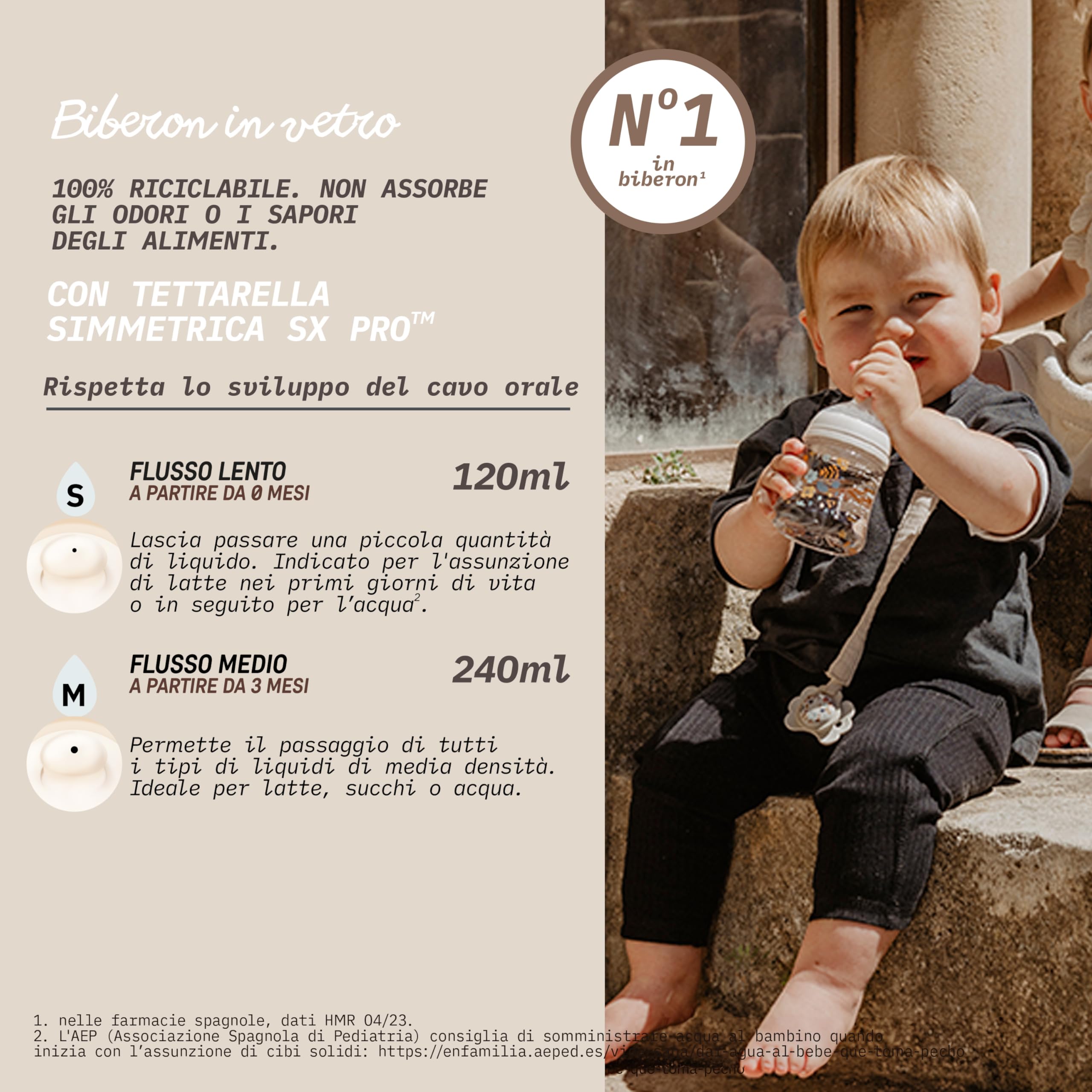 Suavinex, Pack Biberons en Verre de 240 ml. Biberon avec Tétine Symétrique SX Pro en Silicone, Anticoliques, Biberon avec Tétine à Débit Moyen (M), Pour Bébés +3 Mois, Wonderland Bleu, Beige